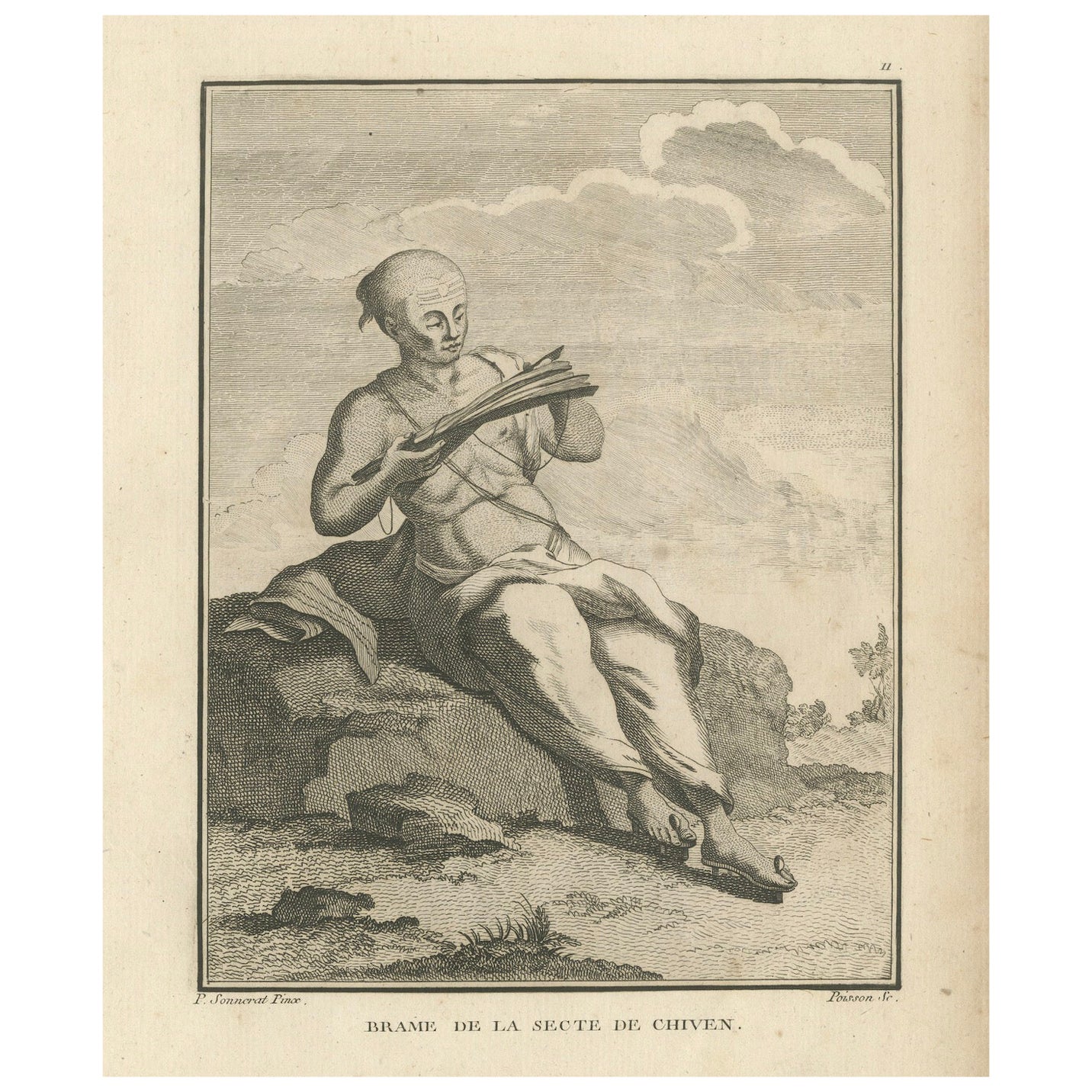 Shaivite Brahmin Reading Scriptures – Sonnerat Engraving, India, Paris 1806 For Sale