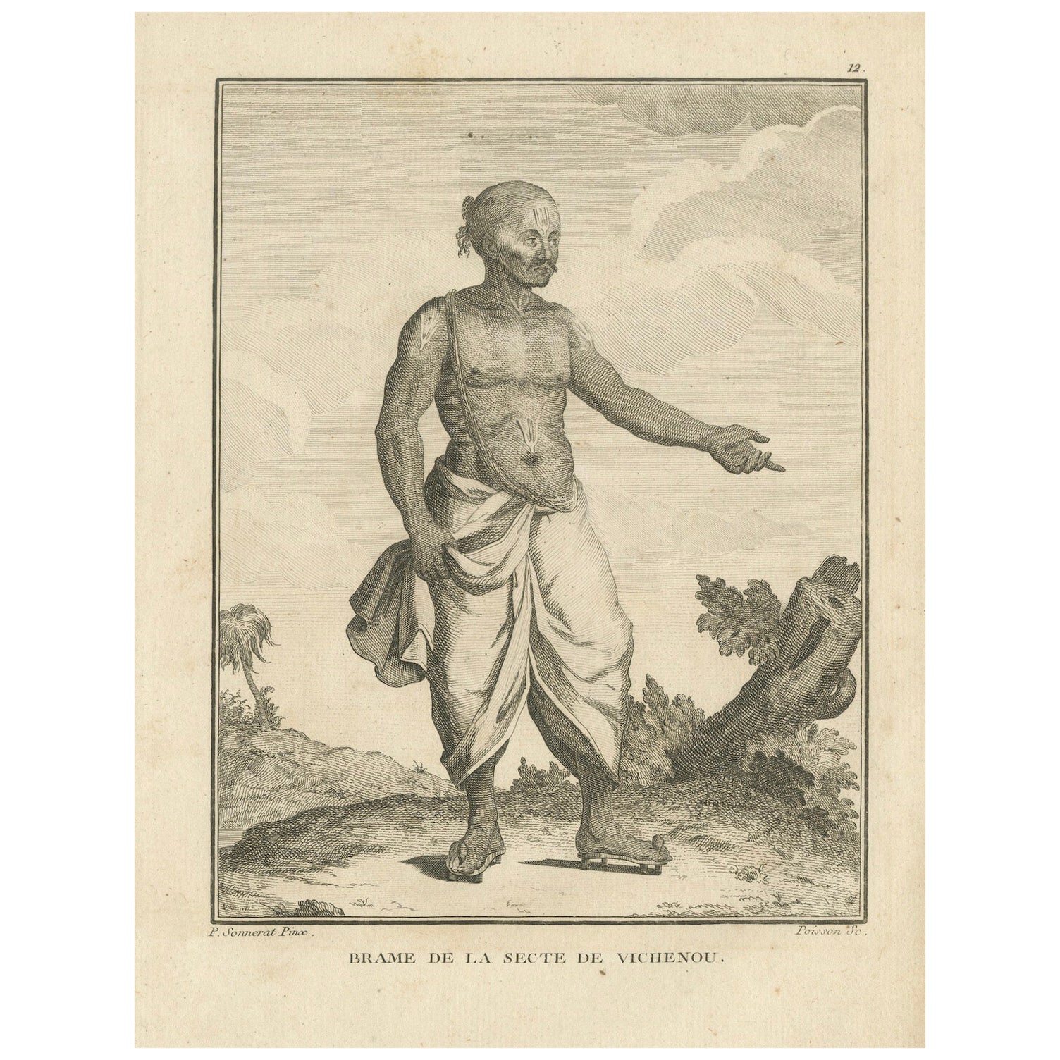 Brahmin vaishnavite de l'Inde - Gravure de Sonnerat, édition de Paris, 1806