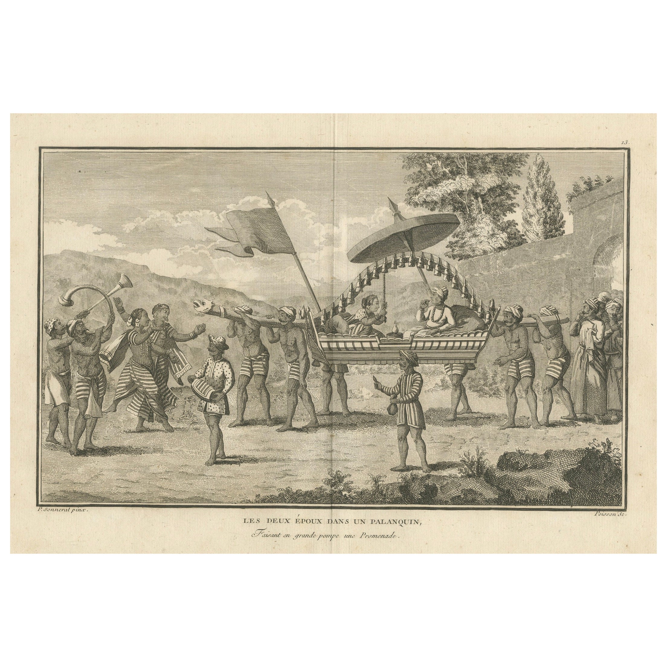 Indian Couple in Ceremonial Palanquin – Sonnerat Engraving, Paris 1806