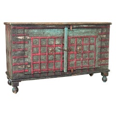 Early 20th Century-Anglo-Indian Painted Wood Cabinet Iron Accents O/ Patina