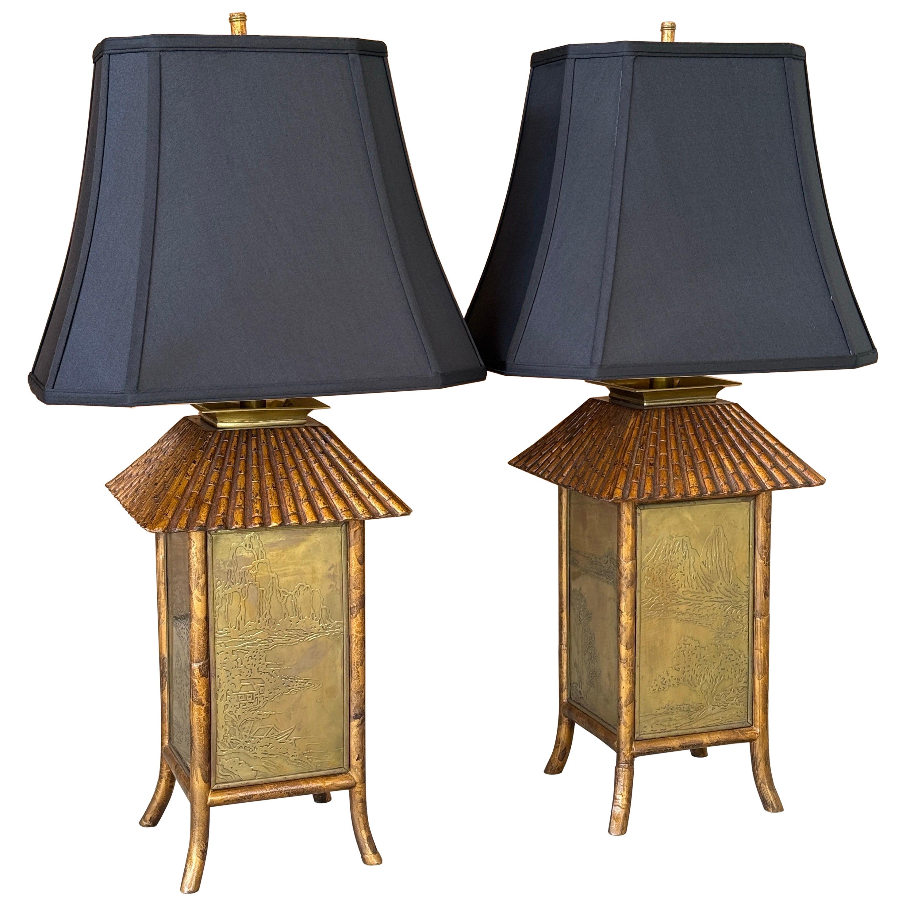 Late-20th Century Mixed Media Faux Bamboo Pagoda Table Lamps With Etched Brass P