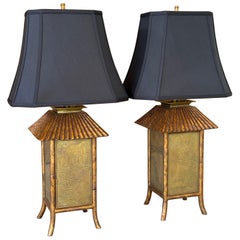 Lampes de table pagode en faux bambou avec laiton gravé, fin du 20e siècle