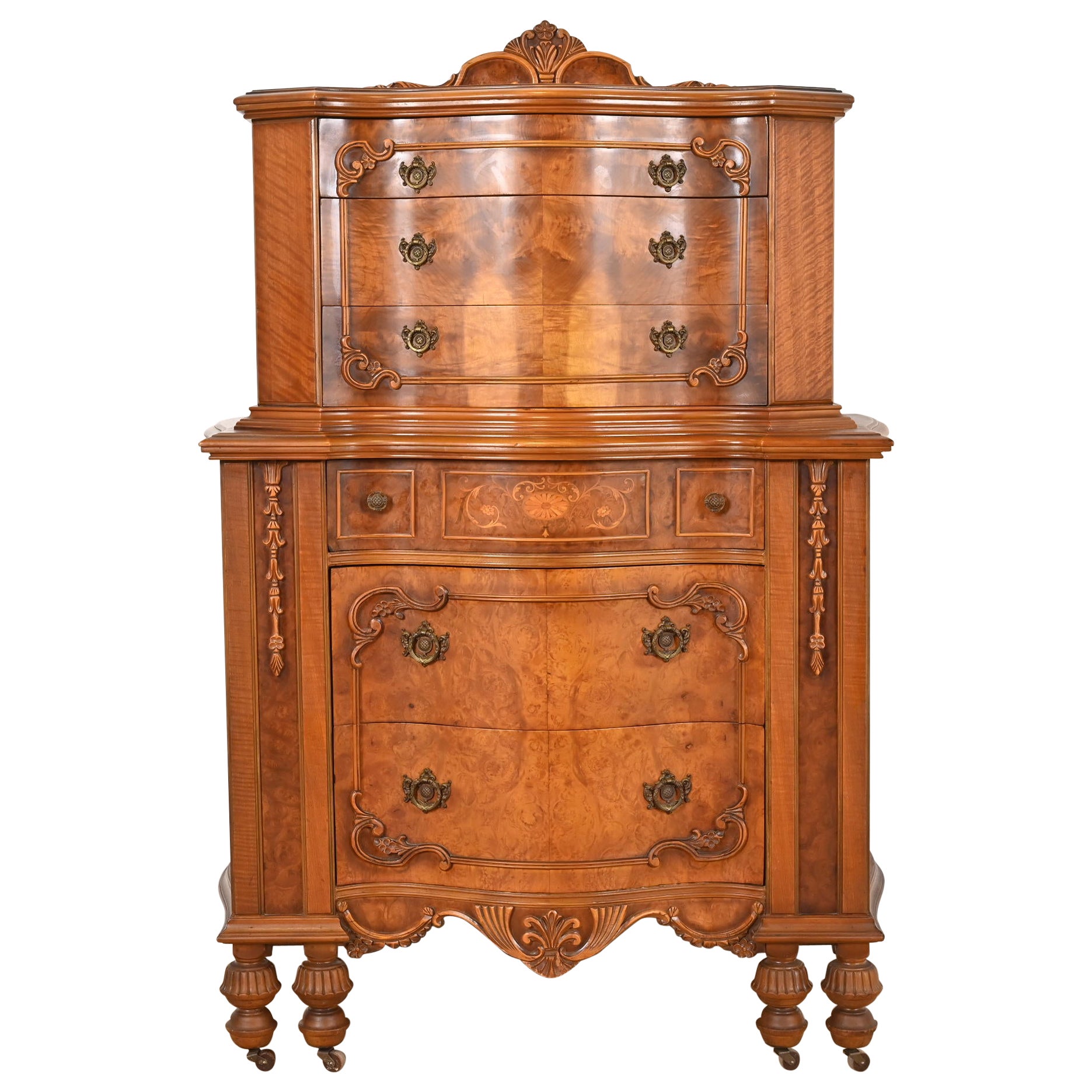Romweber Style French Art Deco Burled Walnut Highboy Dresser, Circa 1920s