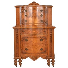 Romweber Style French Art Deco Burled Walnut Highboy Dresser, Circa 1920s