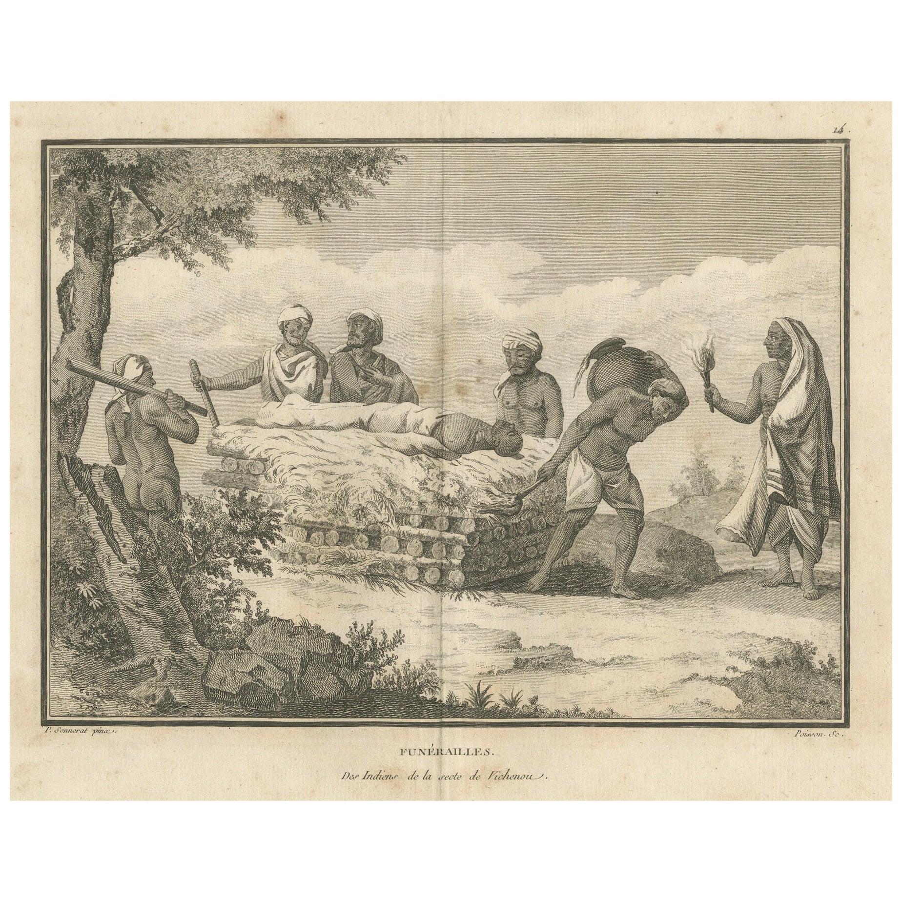 Cérémonie funéraire hindoue - Rites vaishnavites, gravure de Sonnerat, Paris 1806