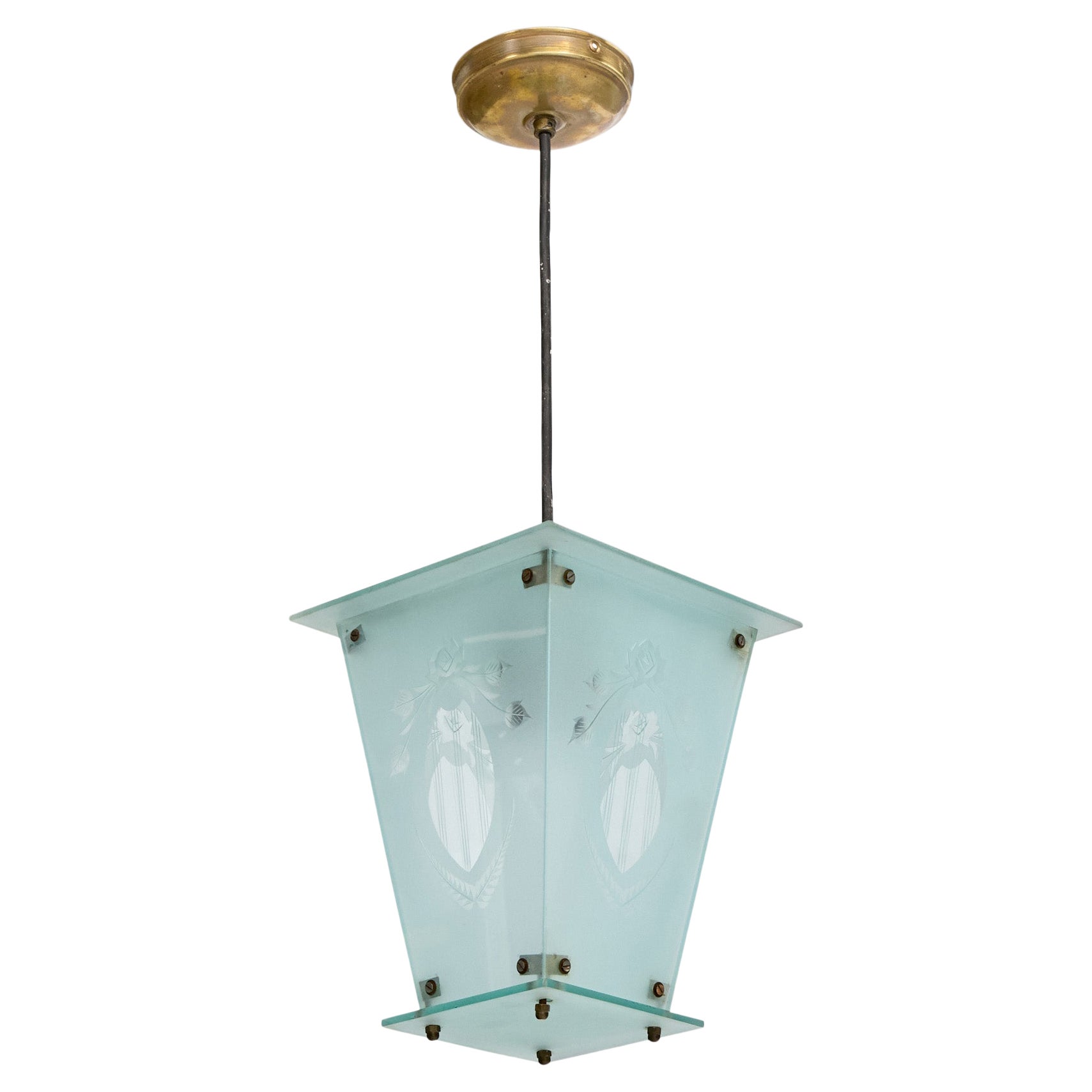 Italian Designer, Pendant Light, Brass, Glass, Italy, 1940s
