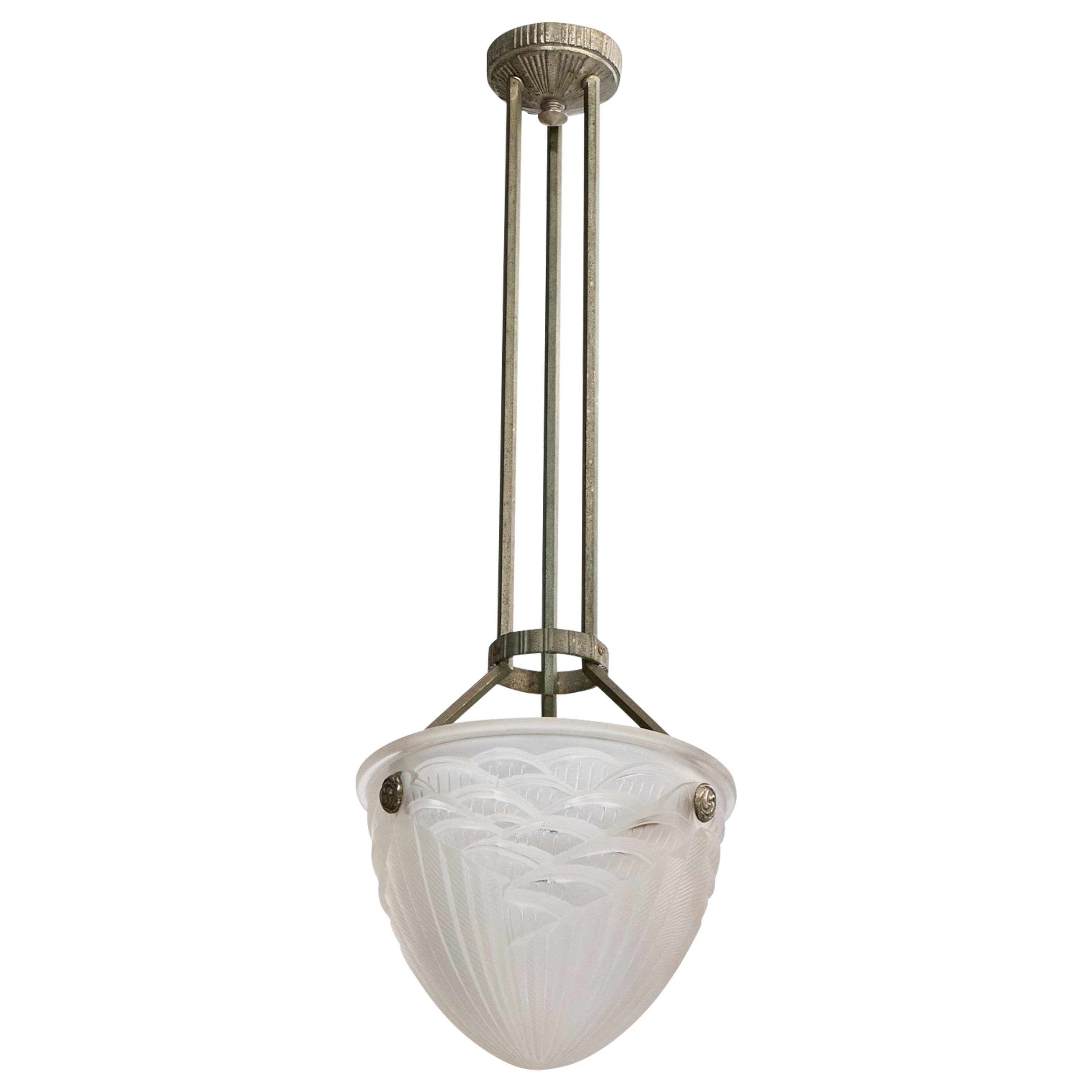 French Designer, Pendant Light, Glass, Metal, France, 1940s