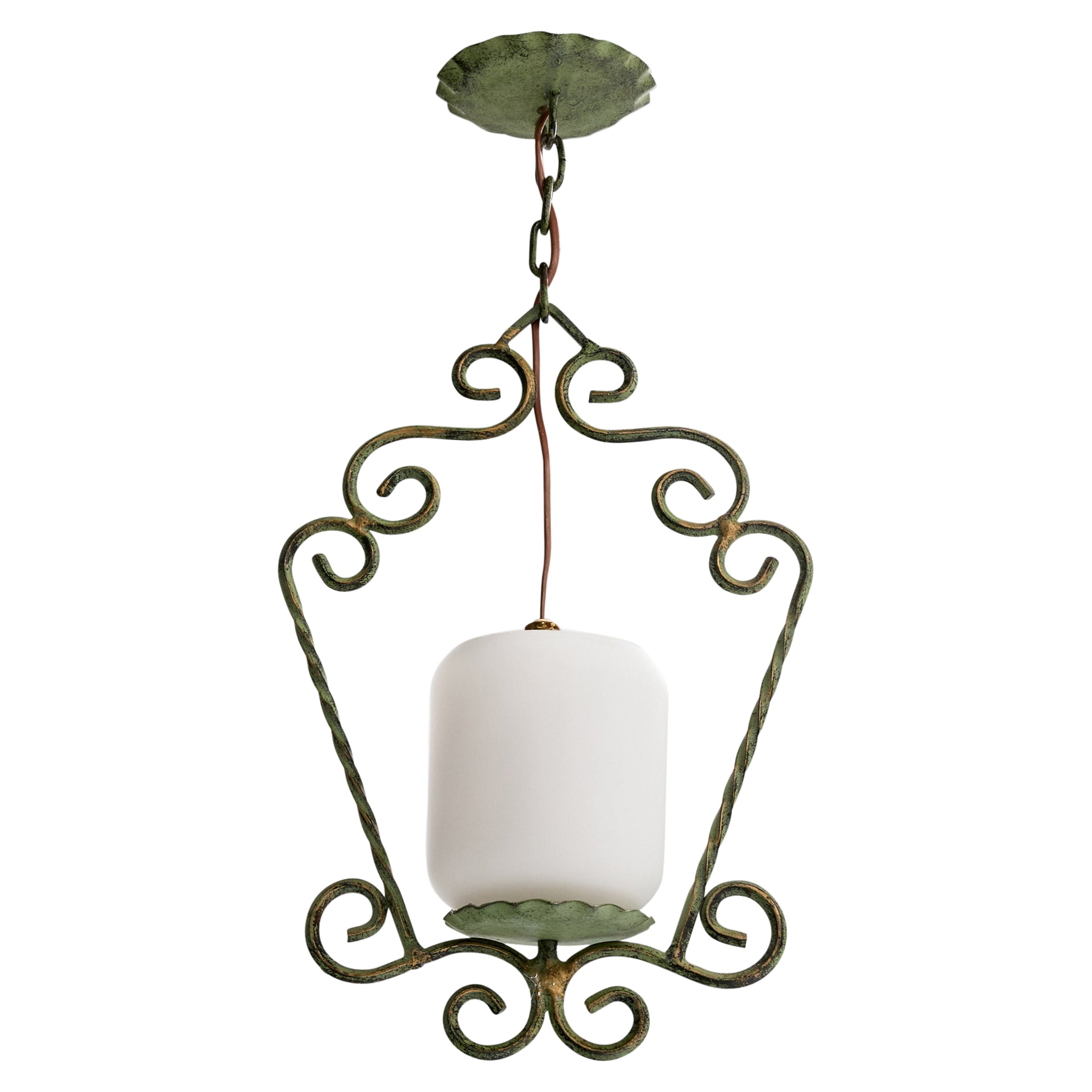 Swedish Designer, Pendant Light, Iron, Glass, Sweden, 1940s