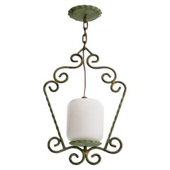 Swedish Designer, Pendant Light, Iron, Glass, Sweden, 1940s