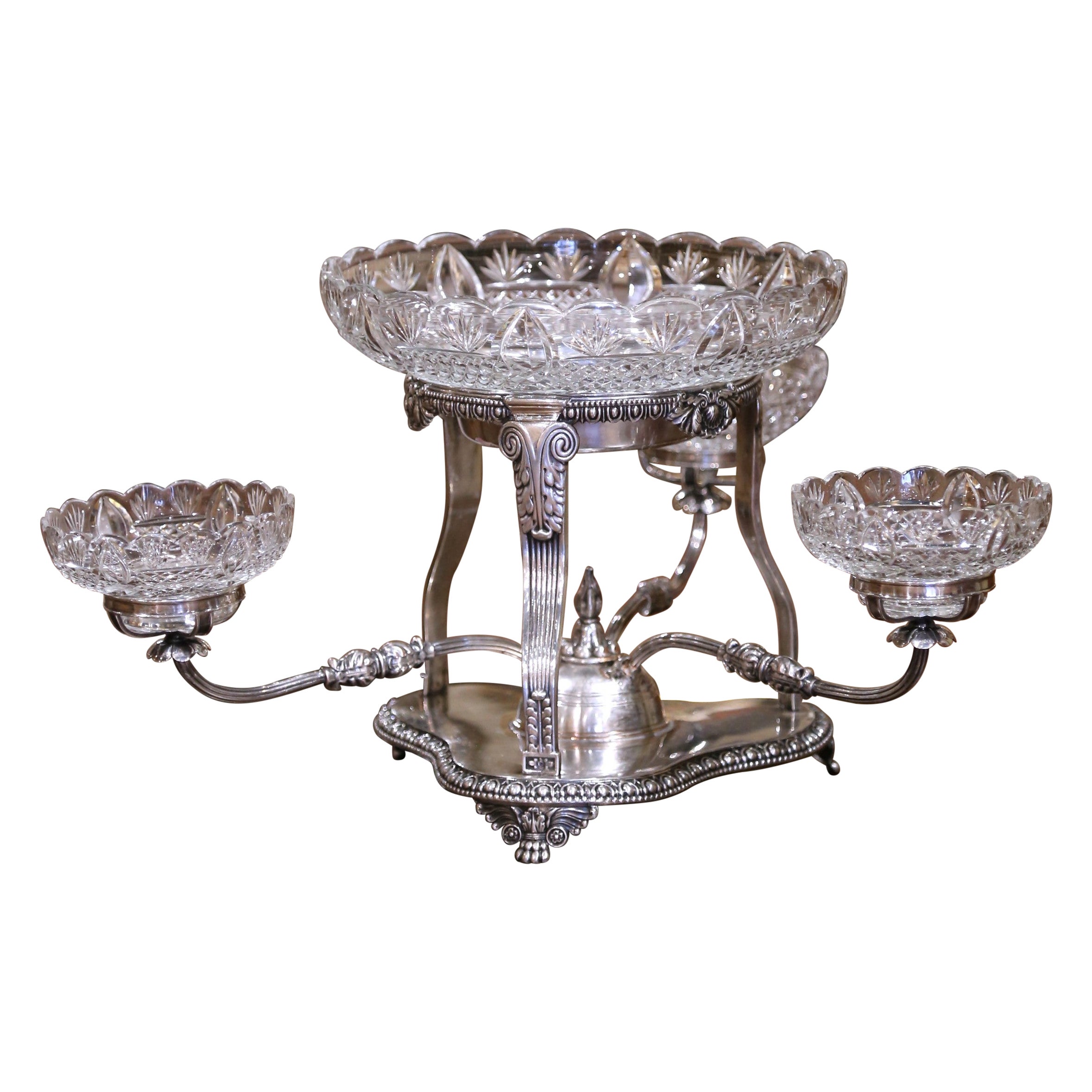 19th Century English George III Style Silvered over Copper and Cut-Glass Epergne