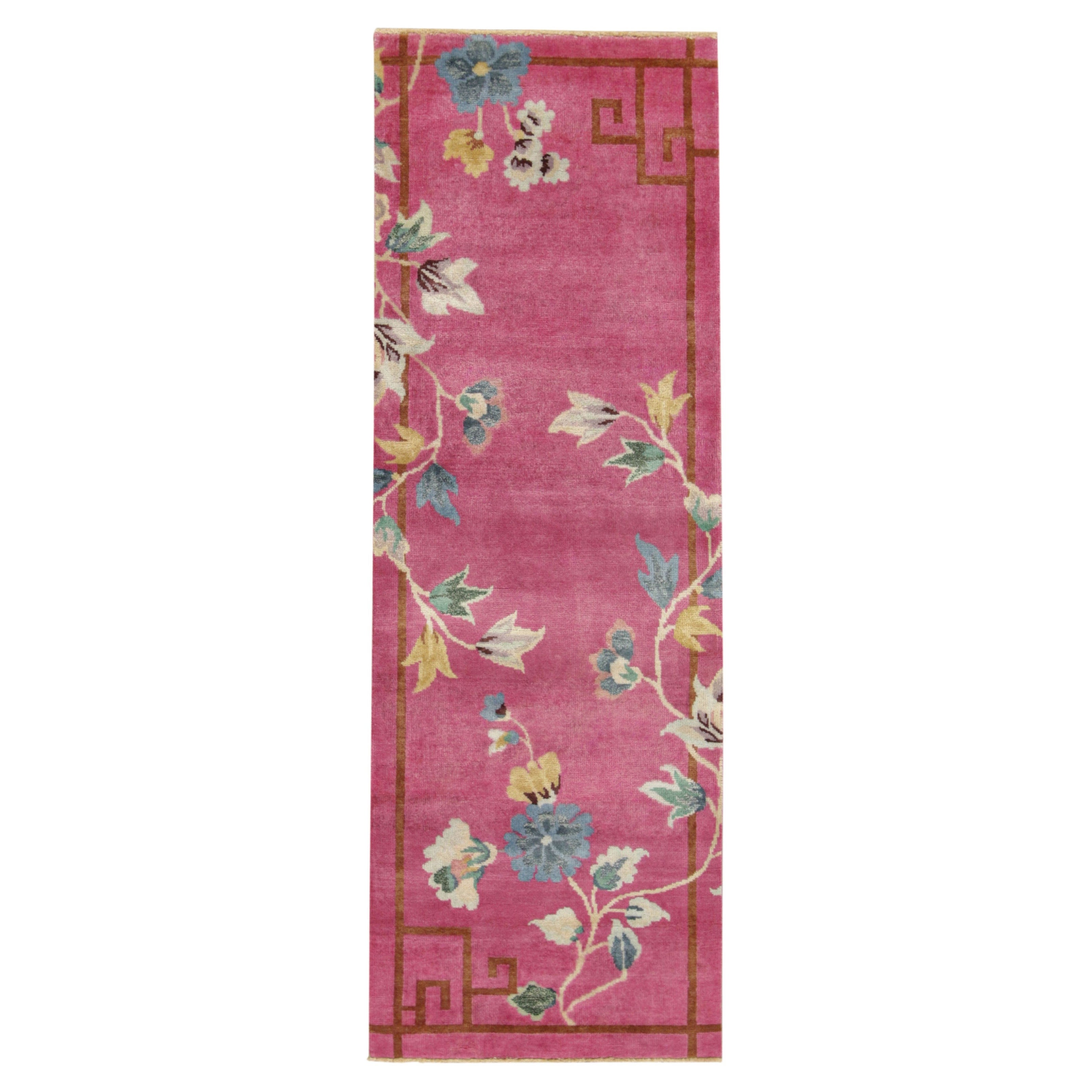 Rug & Kilim’s Chinese Art Deco Style Runner Rug in Pink with Floral Patterns