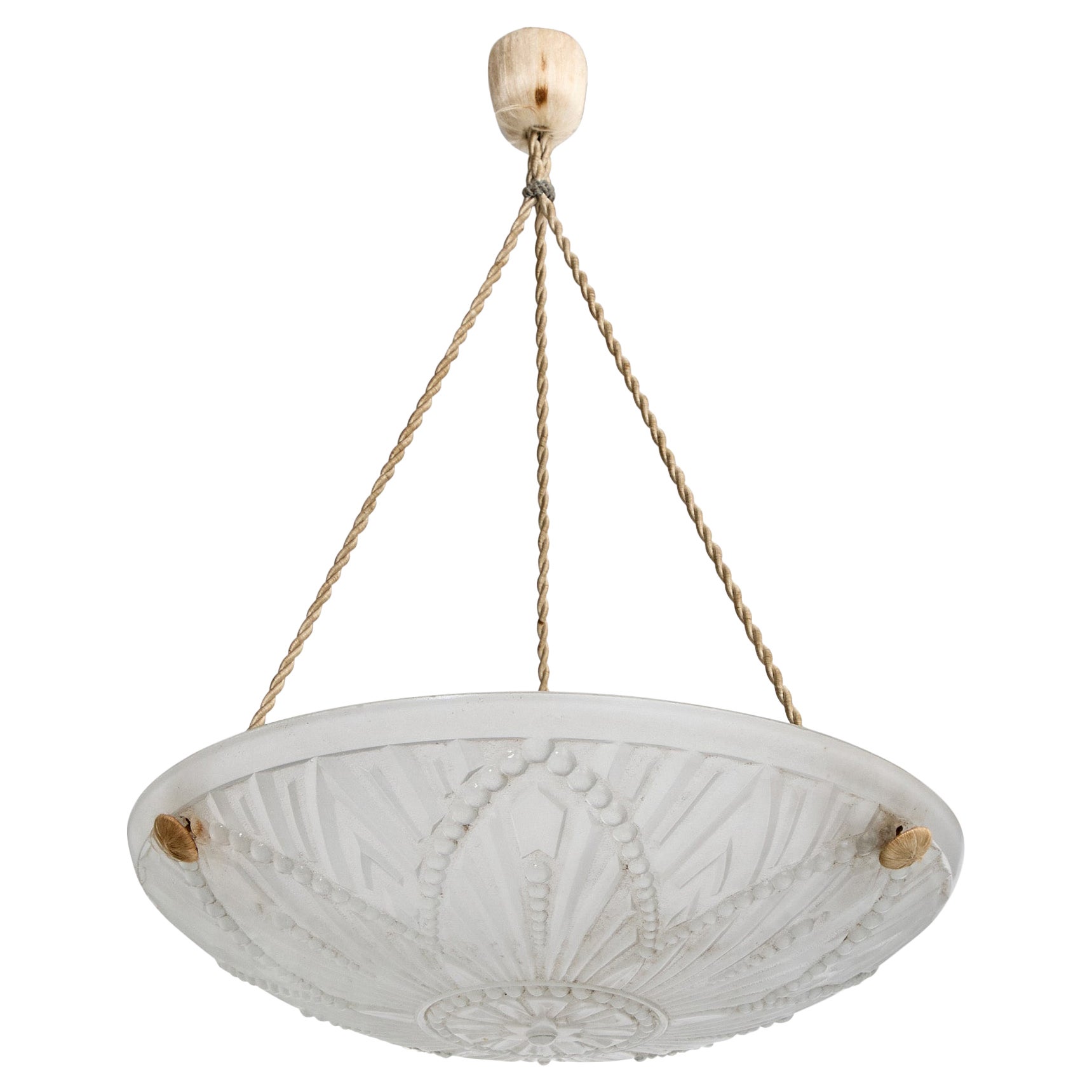 French Designer, Pendant Light, Glass, Rope, France, 1930s