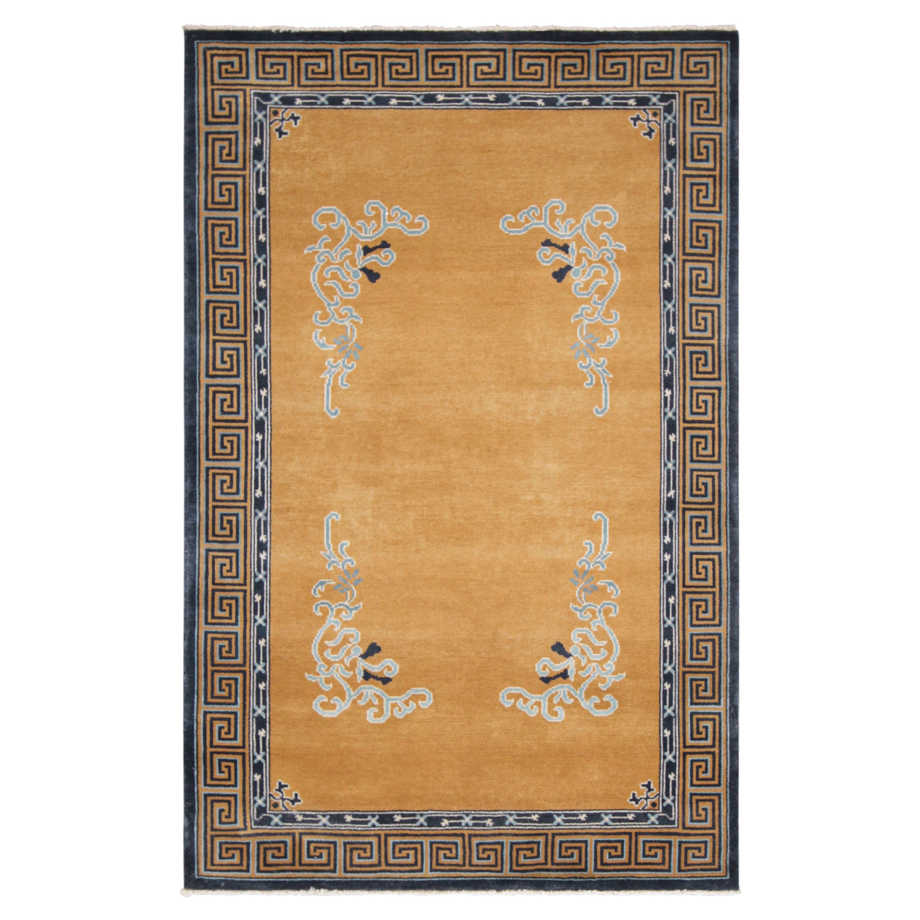 Rug & Kilim’s Chinese Art Deco Style Rug in Amber Gold with Floral Patterns