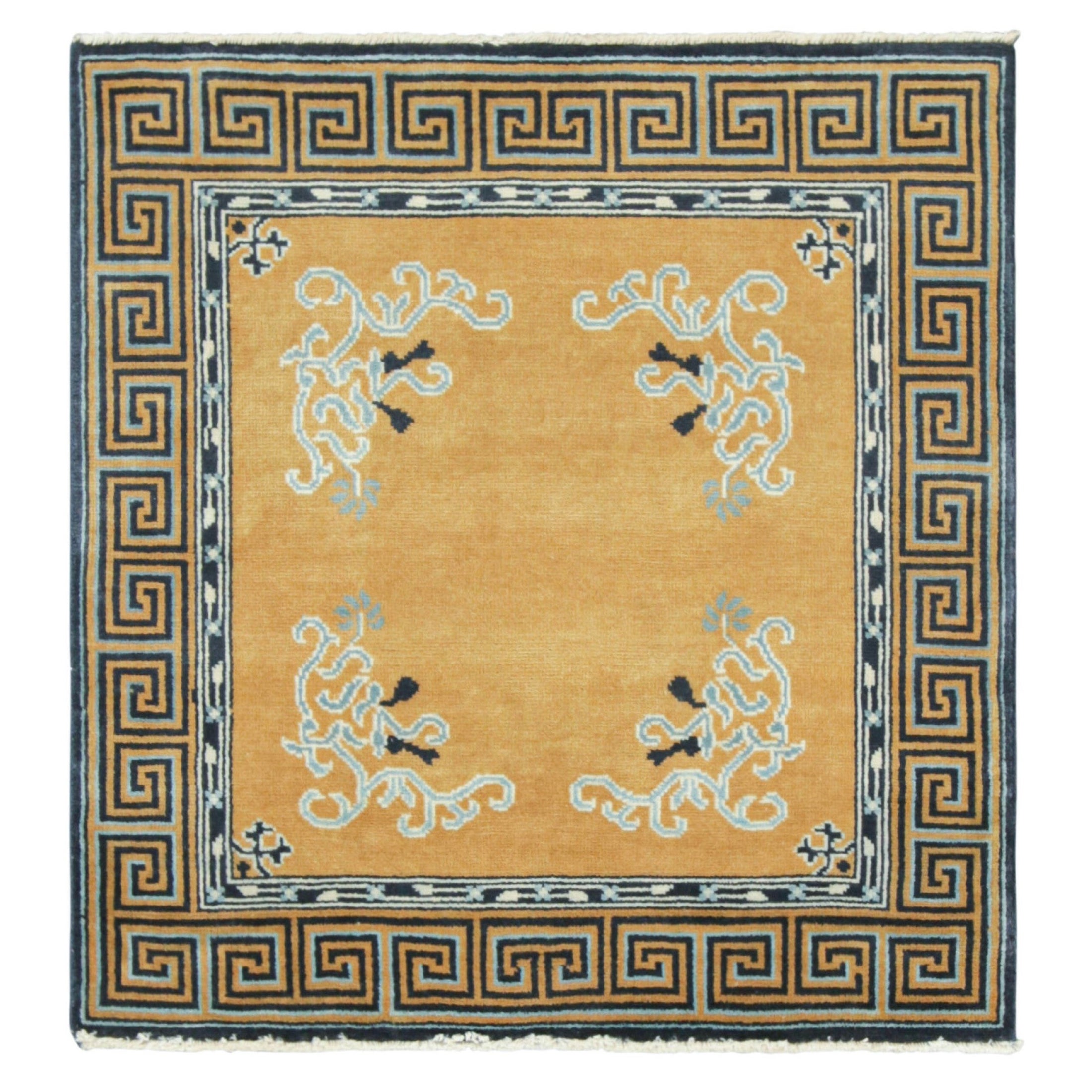 Rug & Kilim’s Chinese Art Deco Style Square Rug in Gold with Floral Patterns