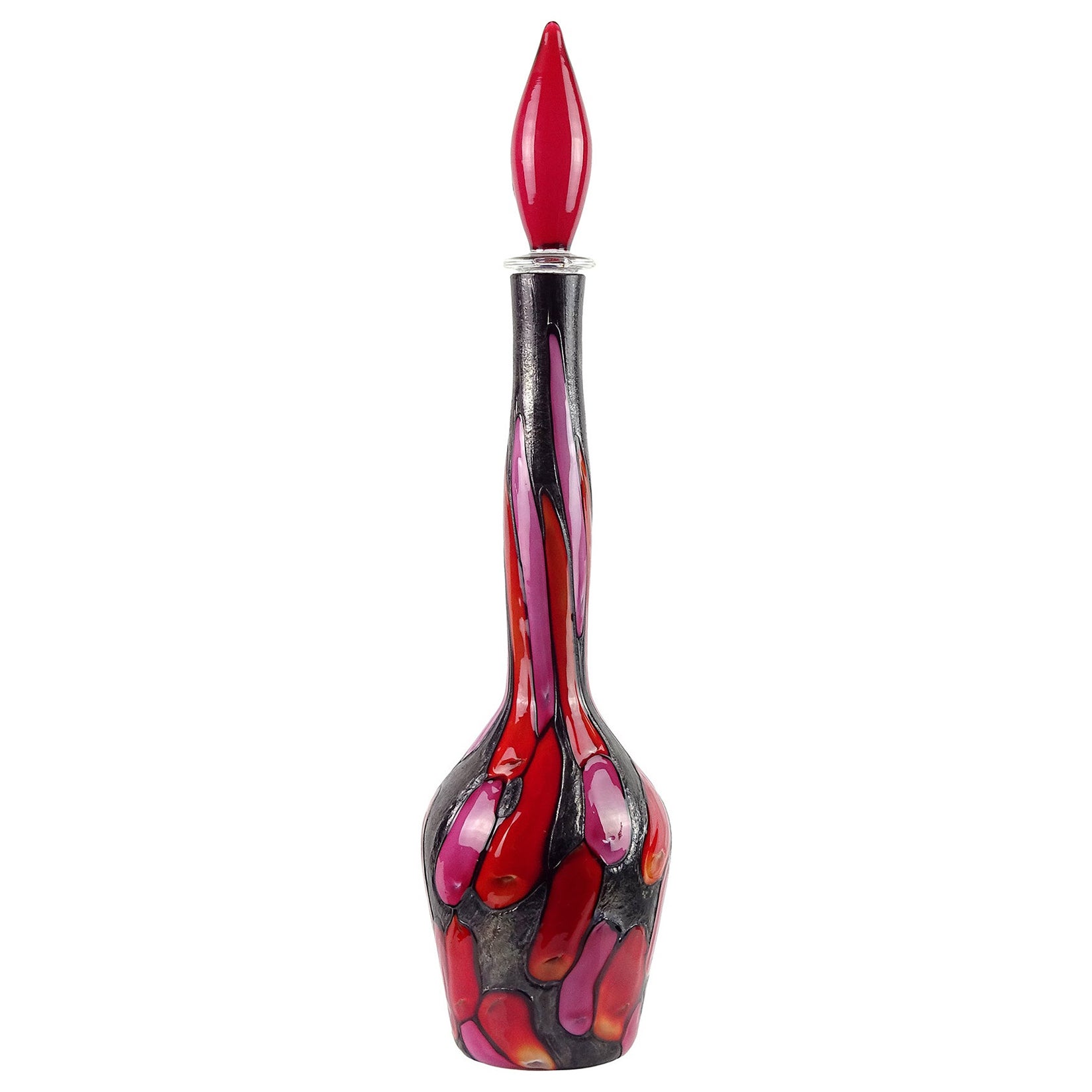 Murano Ermanno Toso Pink Red Orange Metallic Black Italian Art Glass Decanter