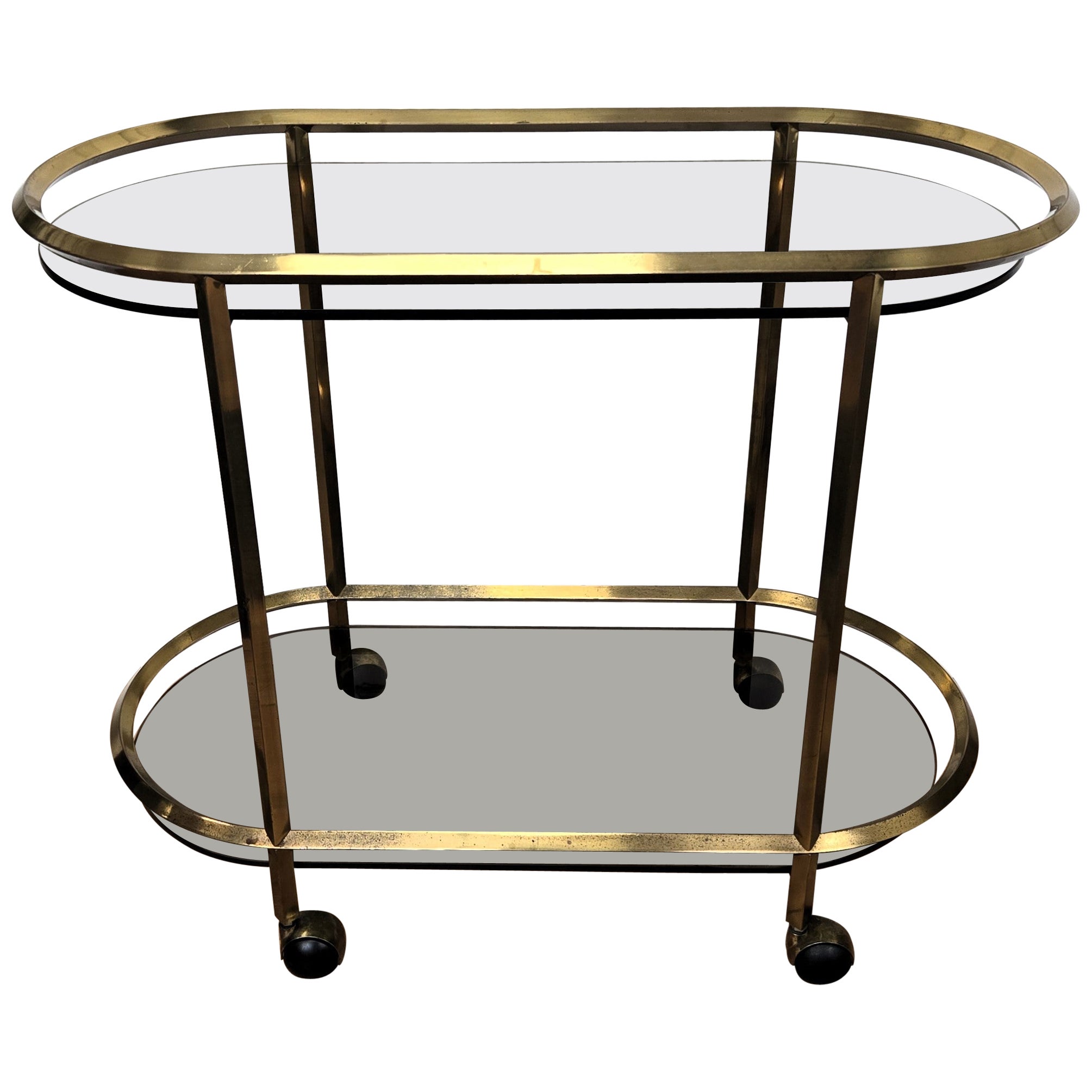 Carrello da bar italiano del 1960 a due piani in ottone e vetro con piano in vetro scuro