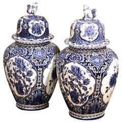 Pair of Mid-20th Century Dutch Painted Blue and White Faience Delft Ginger Jars