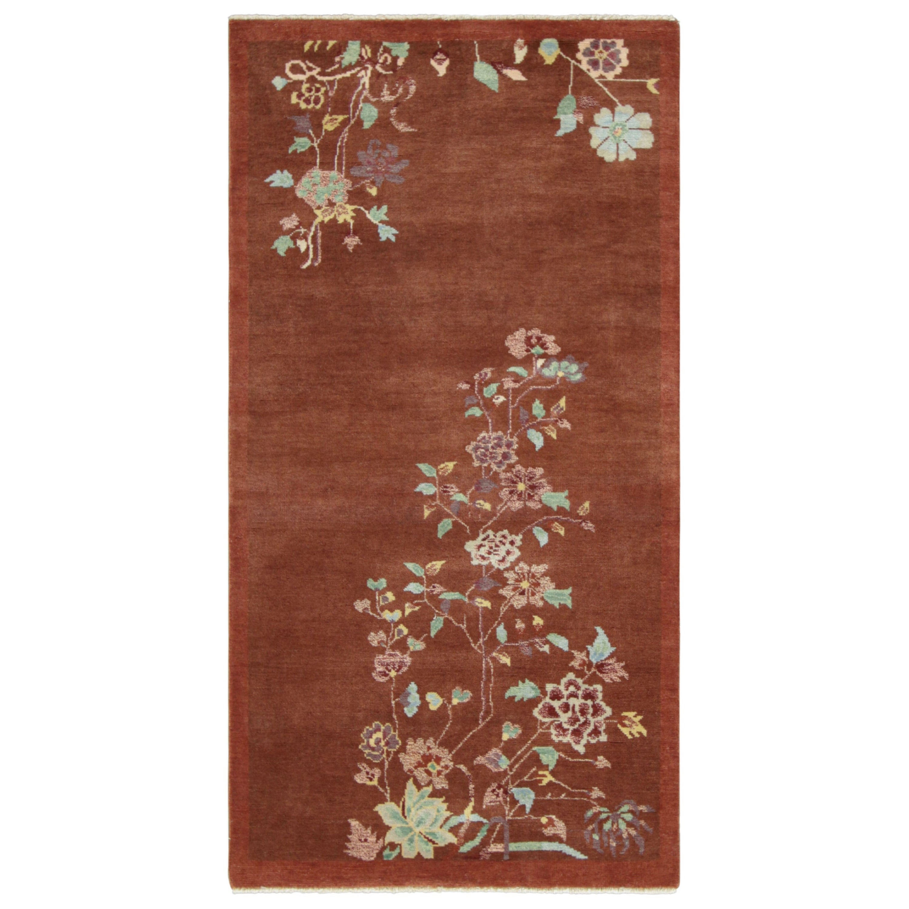 Rug & Kilim’s Chinese Art Deco Style Runner Rug in Brown with Floral Patterns