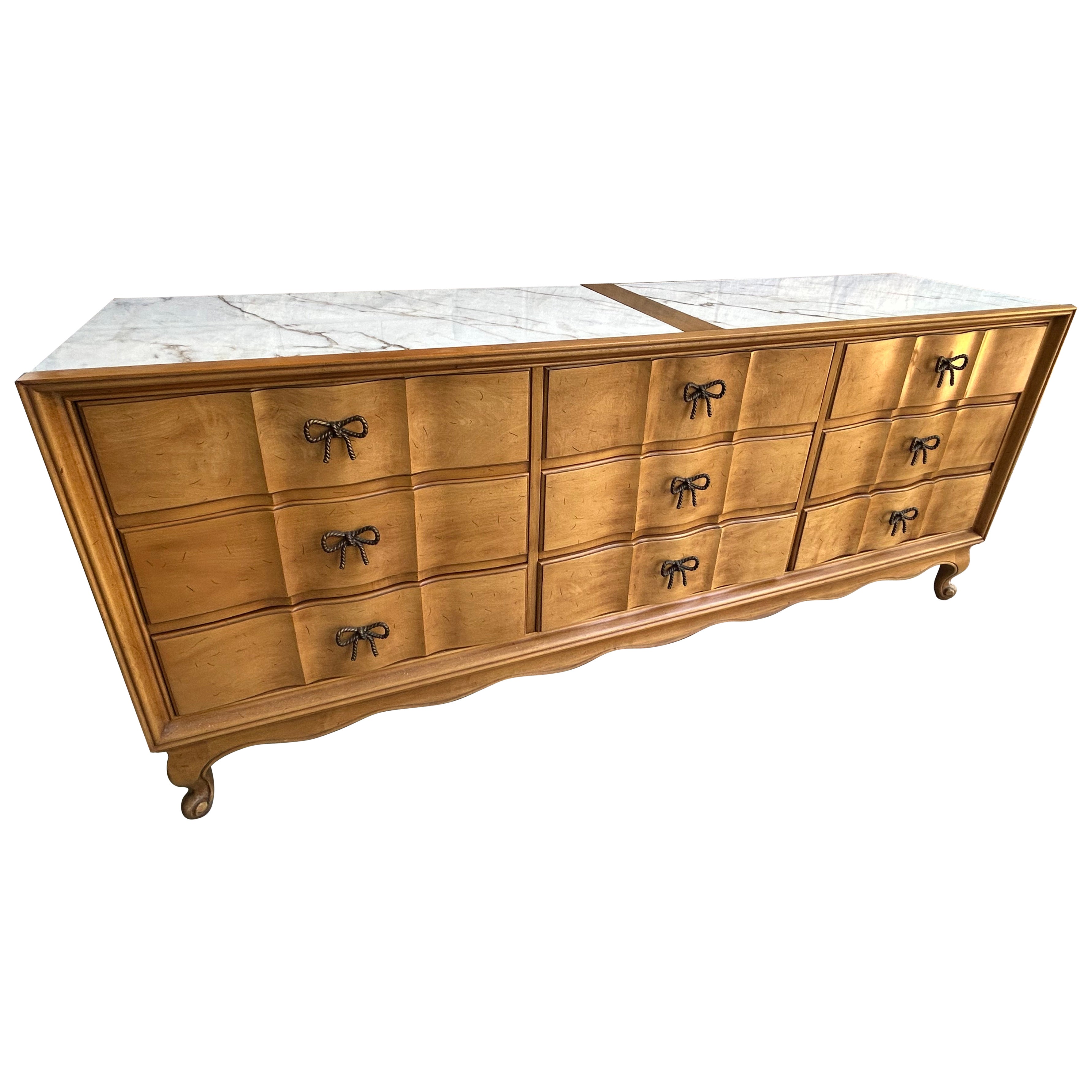 Lovely Marble Top American of Martinsville Bowtie Pull Credenza Regency Modern