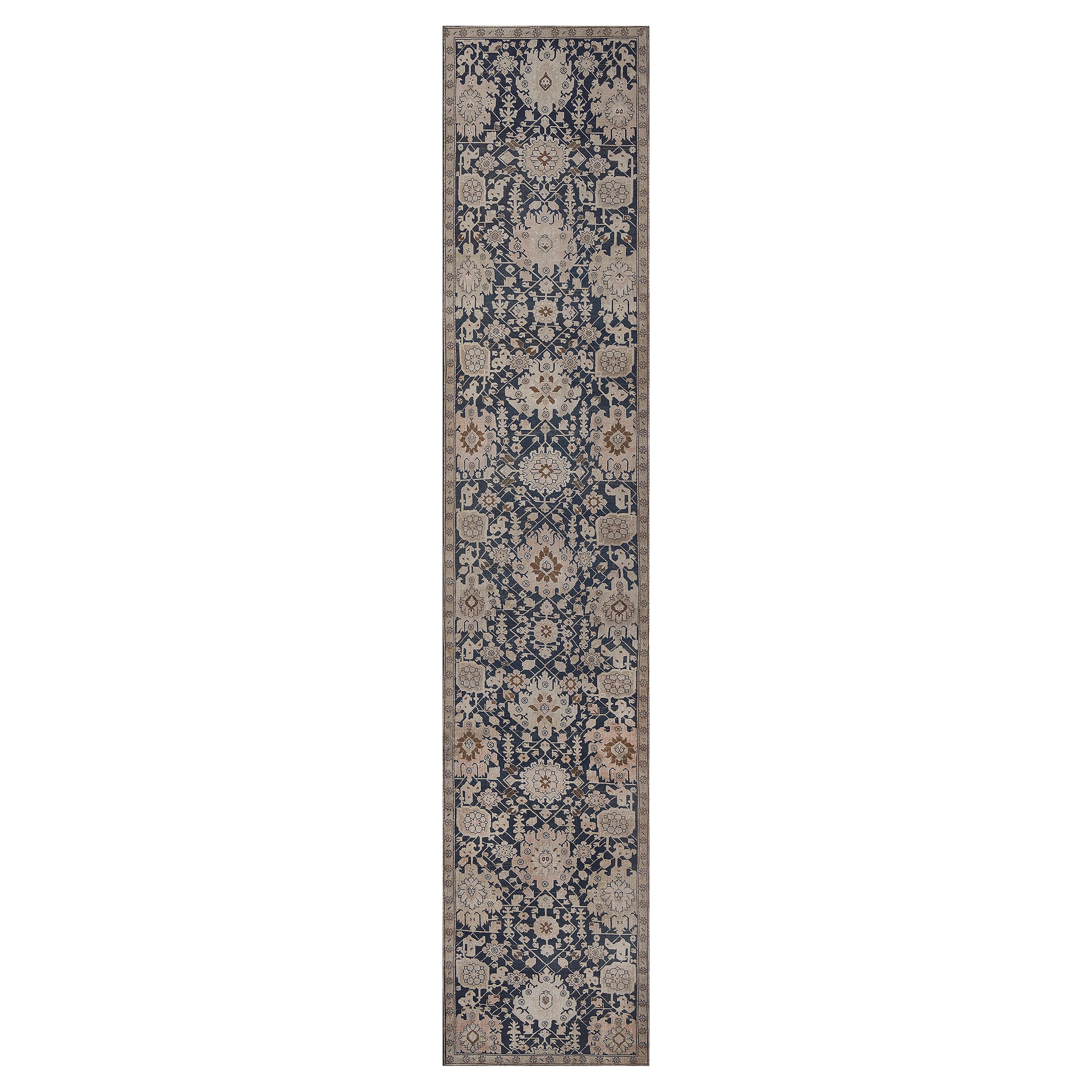 Fin du 19e siècle - Chemin de table antique en laine indigo à motifs floraux Karabagh, tissé à la main