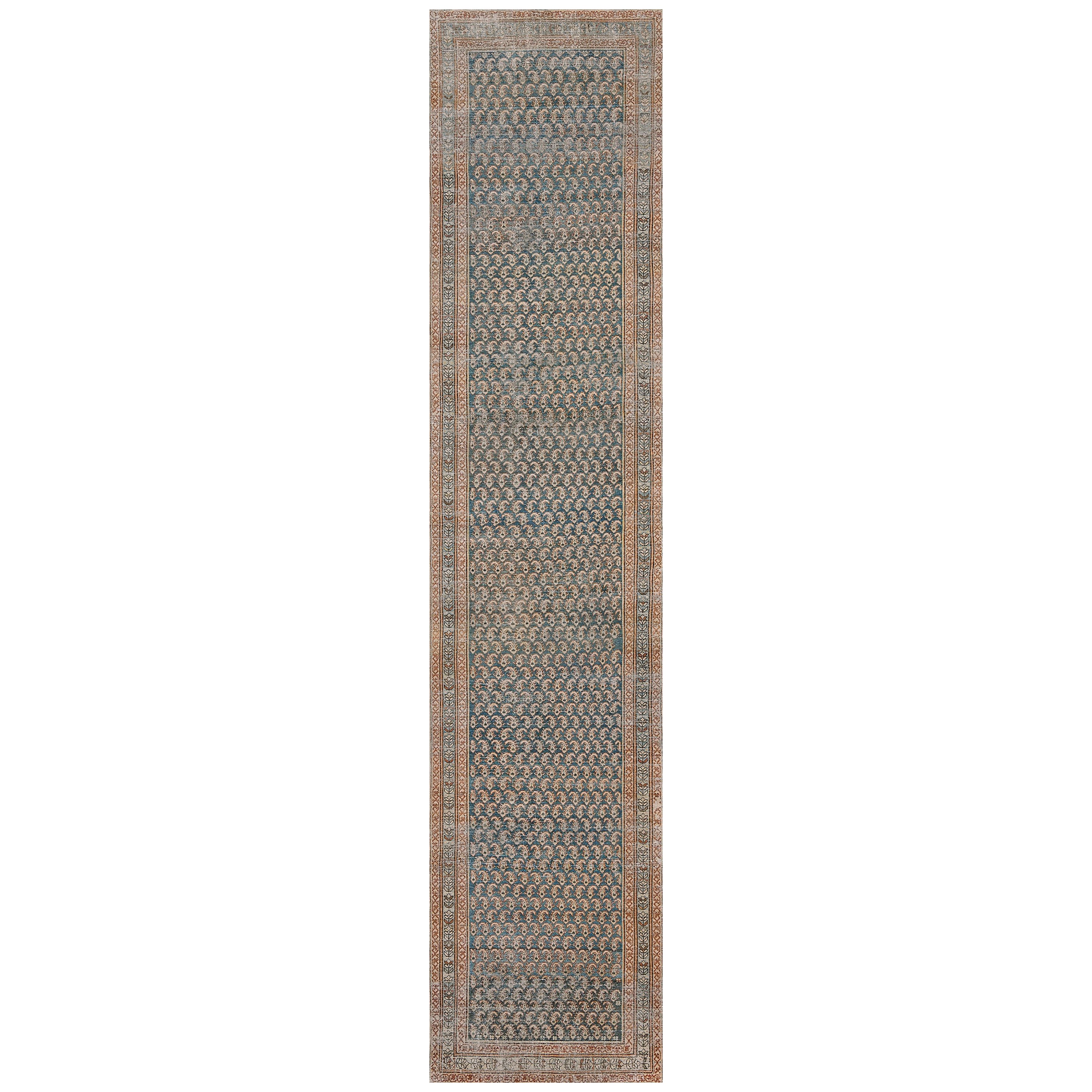 Tappeto antico Malayer persiano in lana intrecciata a mano di colore blu Boteh