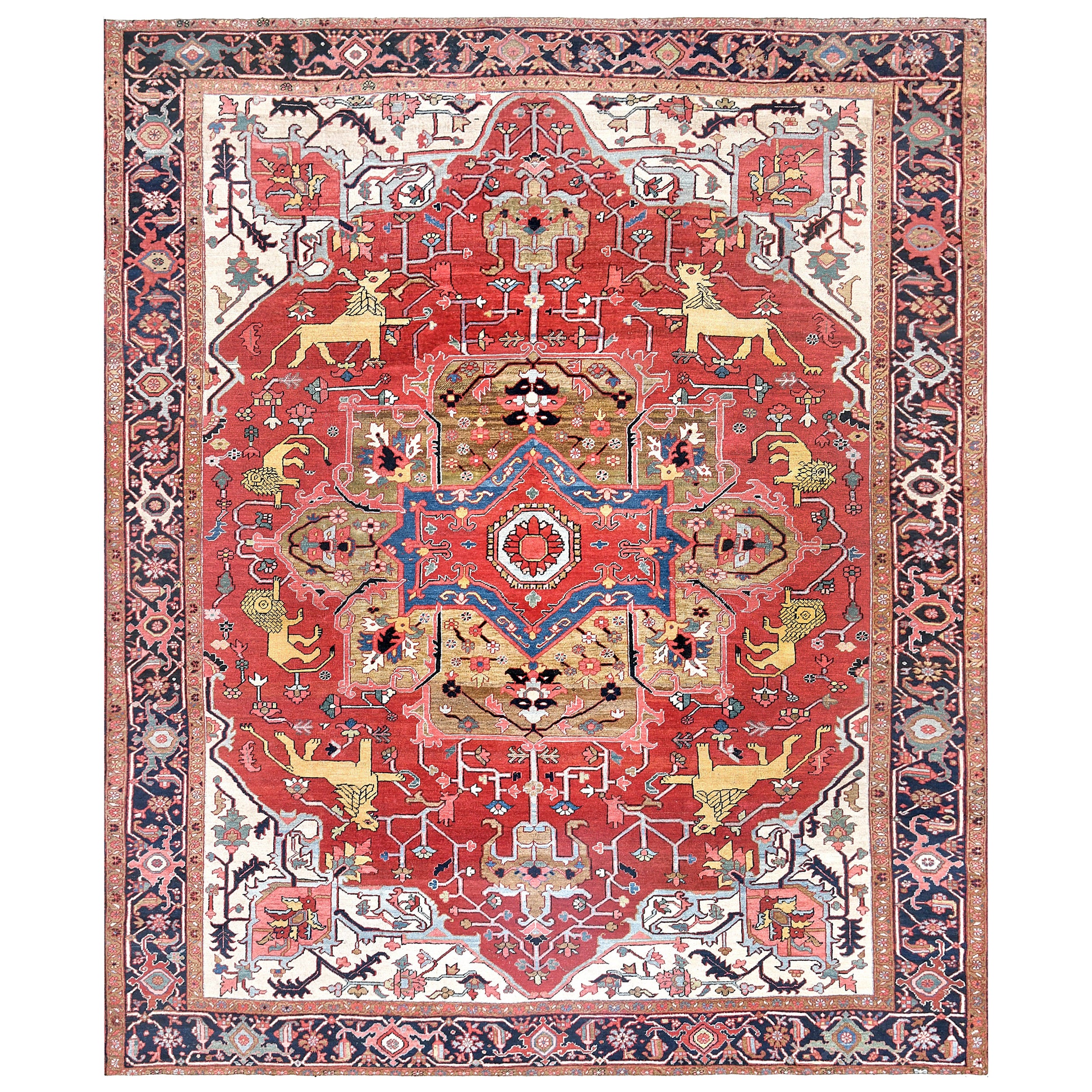 Atemberaubender antiker Serapi-Teppich aus roter Wolle mit floralen Löwen im Angebot