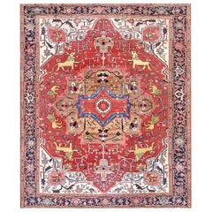 Stunning Antique Red Wool Floral Lions Serapi Rug