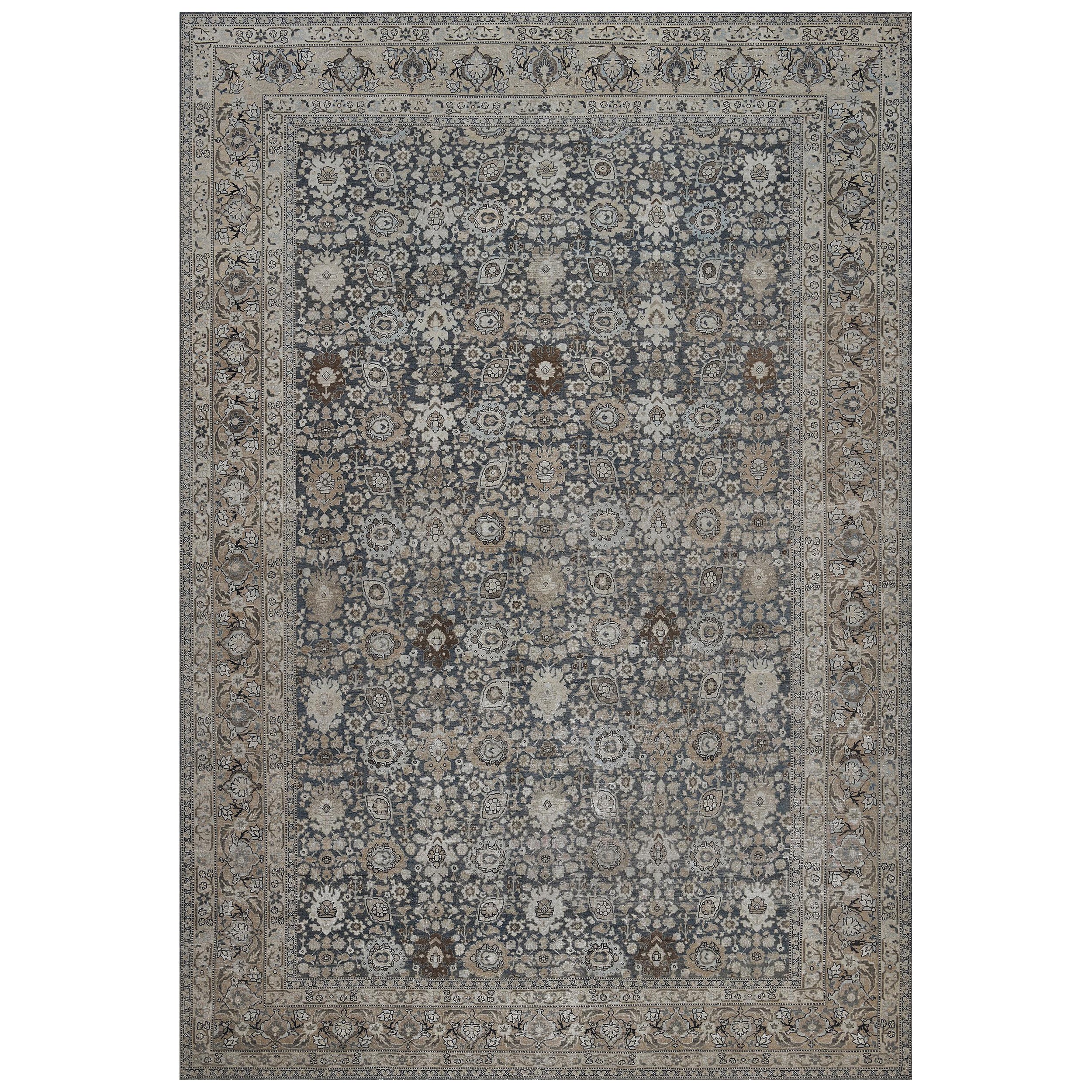Large Early 20th Century Antique Wool Blue Floral Persian Tabriz Rug