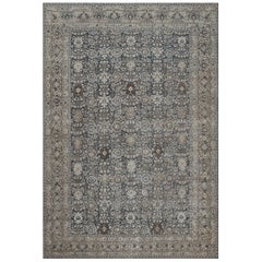 Large Early 20th Century Antique Wool Blue Floral Persian Tabriz Rug