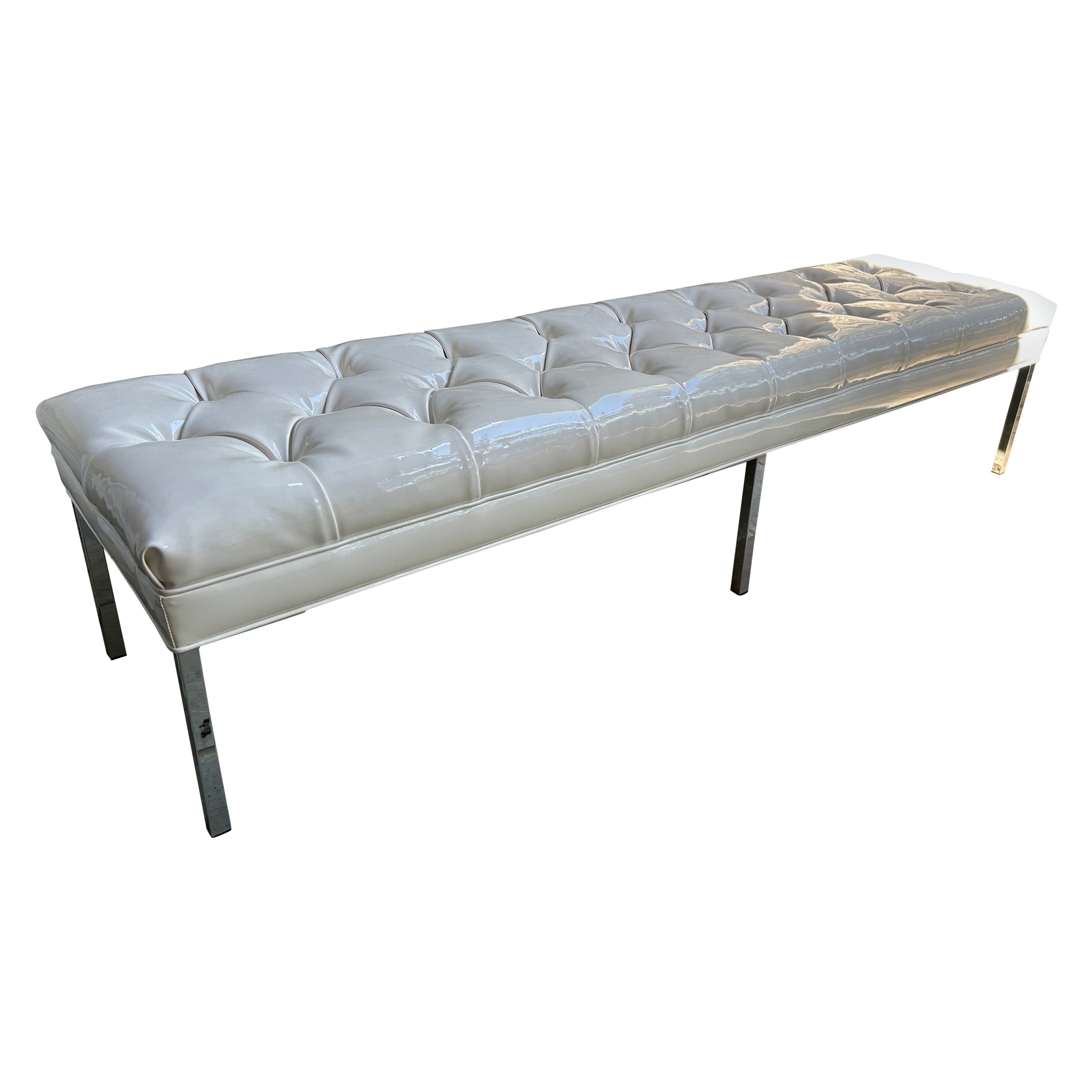 Fabulous Milo Baughman White Patent Leather Tufted Chrome Bench Mid-Century