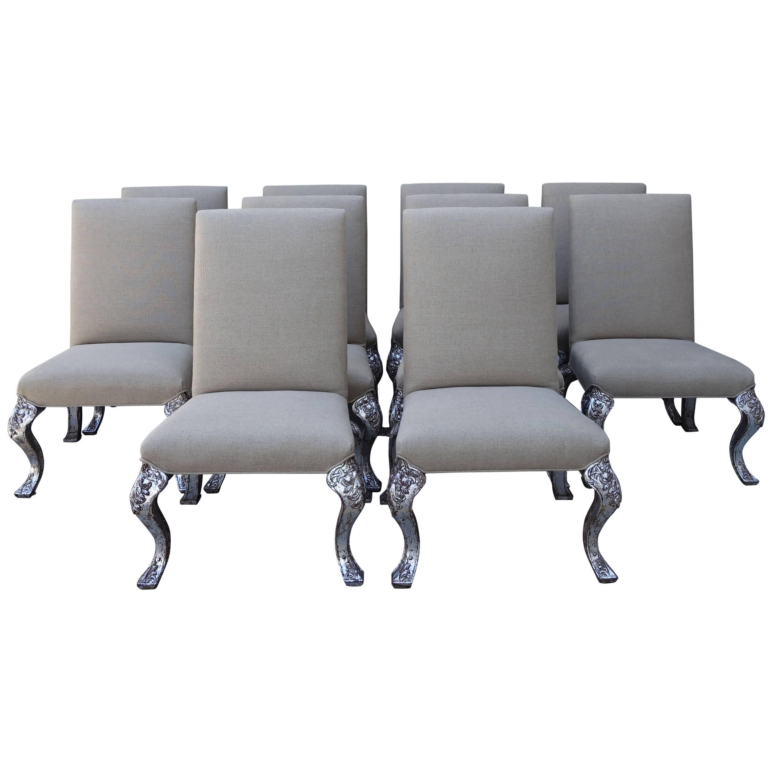 Set of Ten French Silvered and Linen Dining Chairs