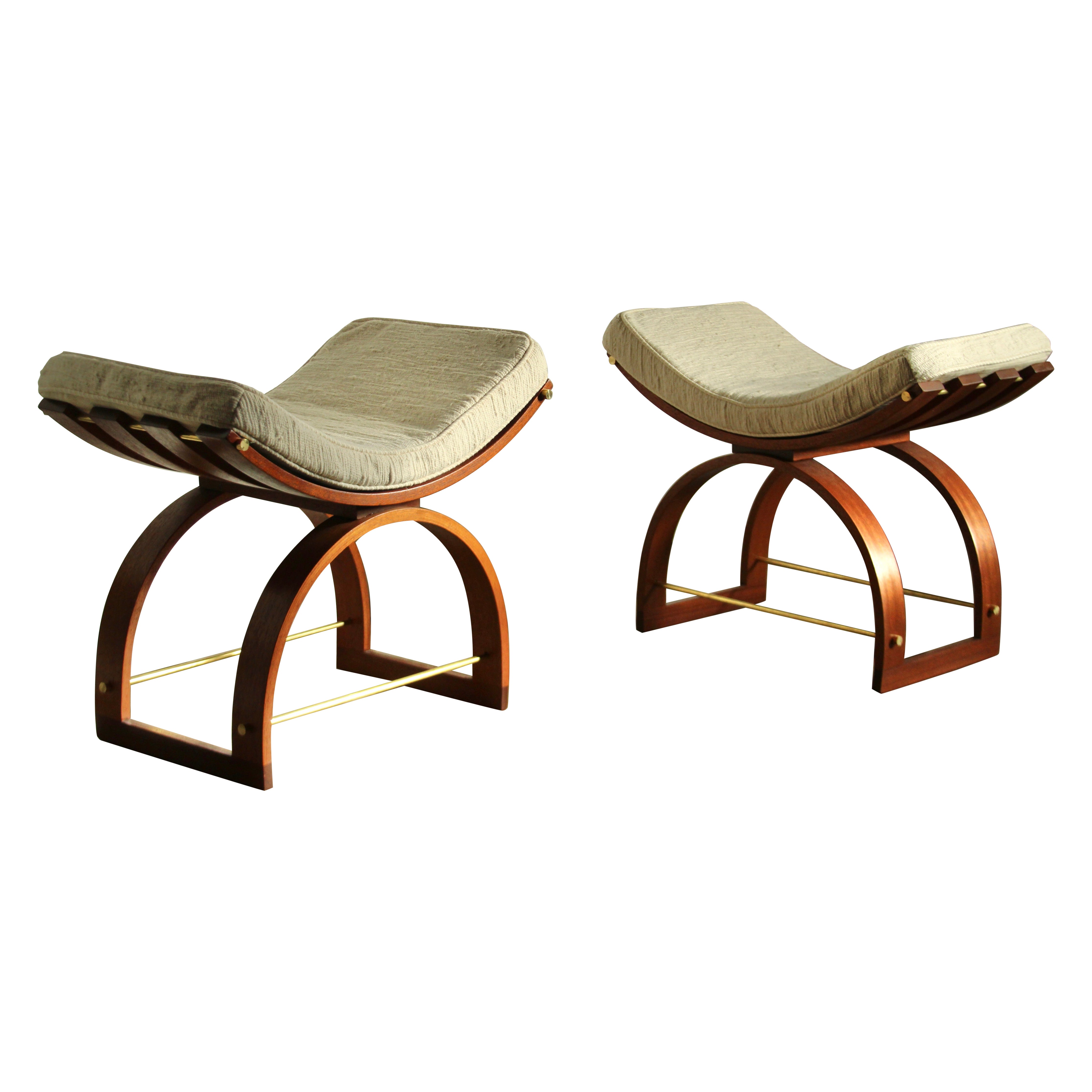 Harvey Probber Mahogany and Brass "Knights" Benches, A Pair, 1950s