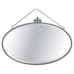 Art Deco Nouveau Style Oval c1920s Metal Pewter Frame Bevelled Wall Mirror MINT