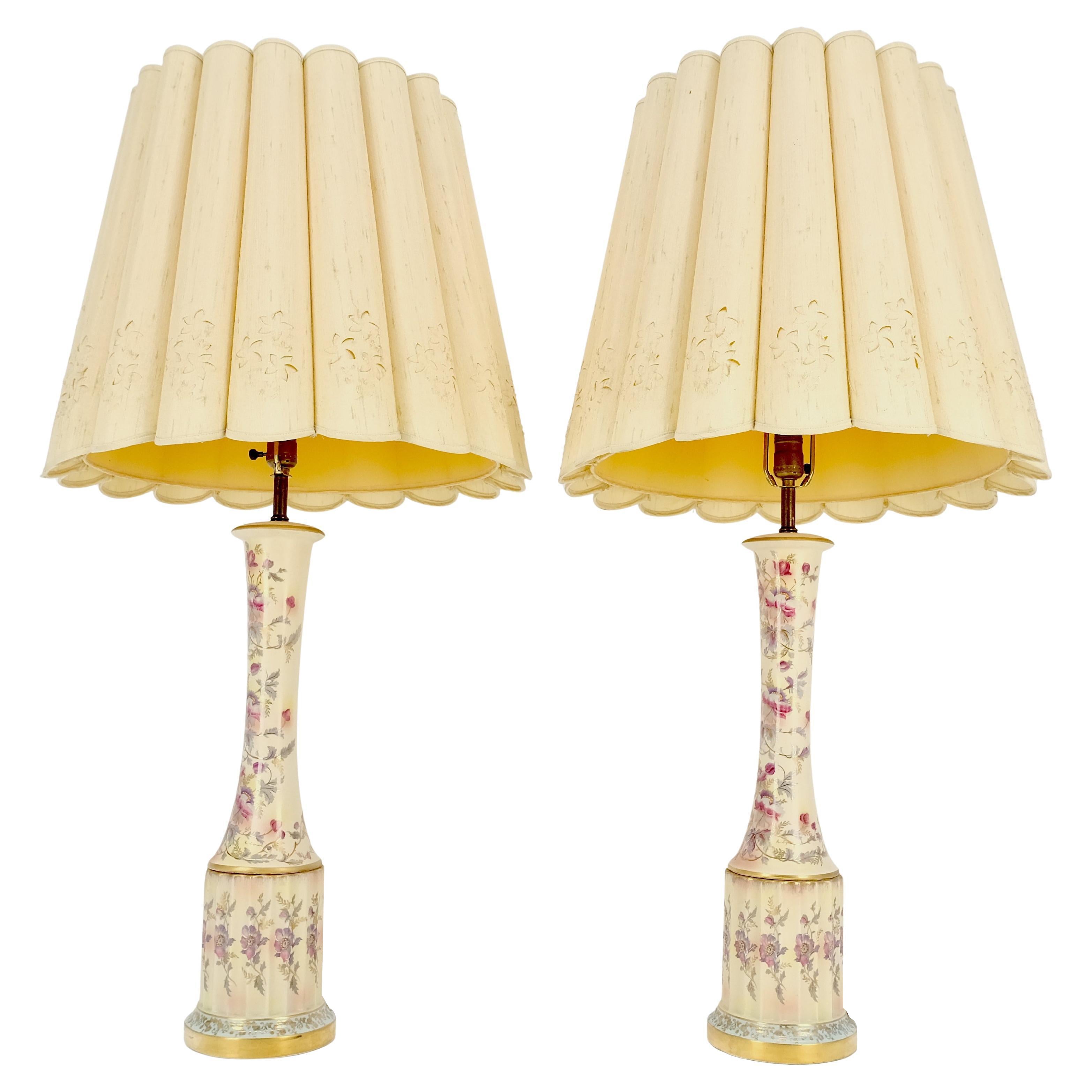 Pair of 39" Tall Ceramic Hand Painted Round Tower Shape Table Lamps w/ Shades