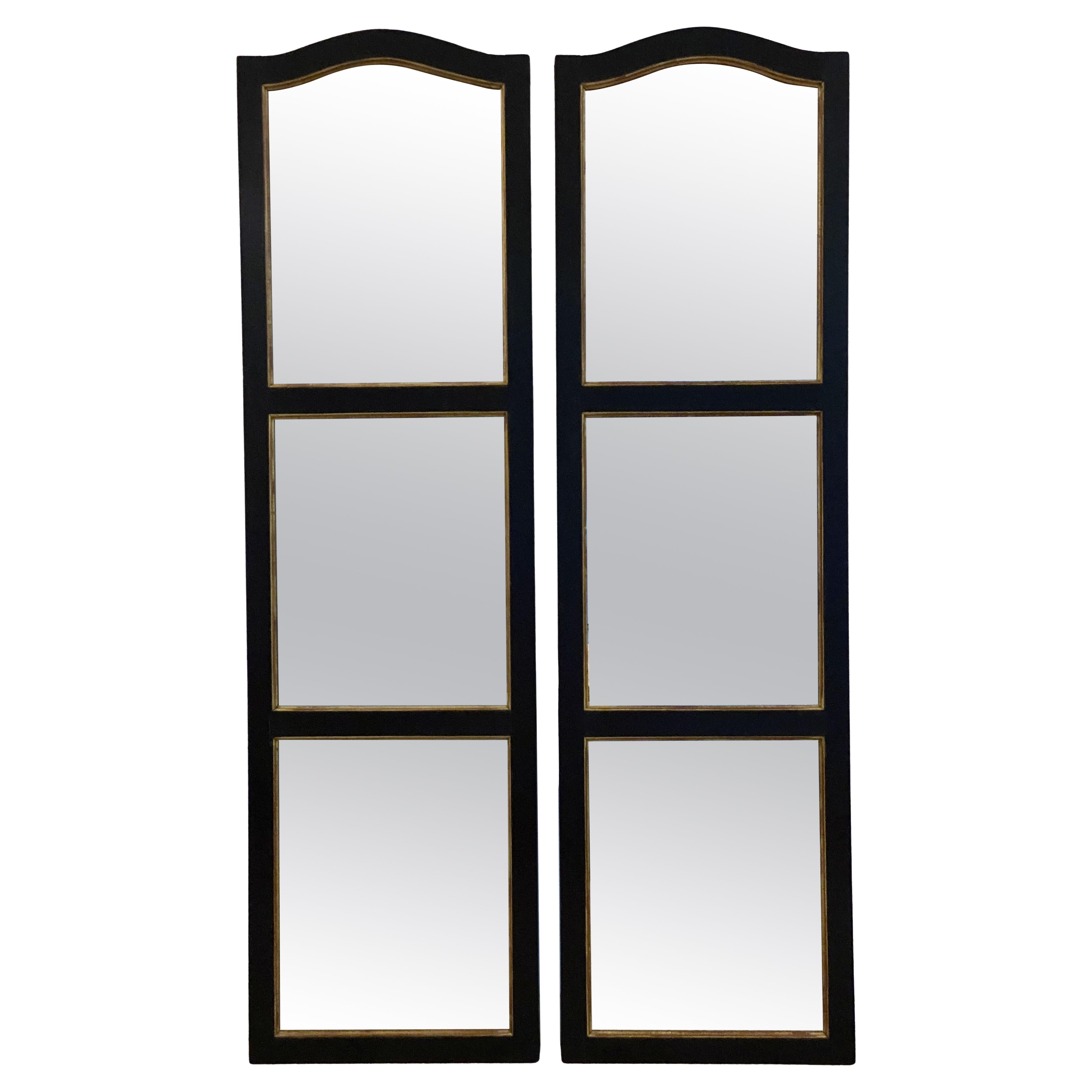 Large Black and Gilt Window Pane Paneled Mirrors (Each H 74 x W 20 7/8) For Sale