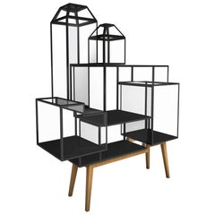 Powder Coated Steel, Glass And Oak Wood Decorative Cabinet 7 by JSPR