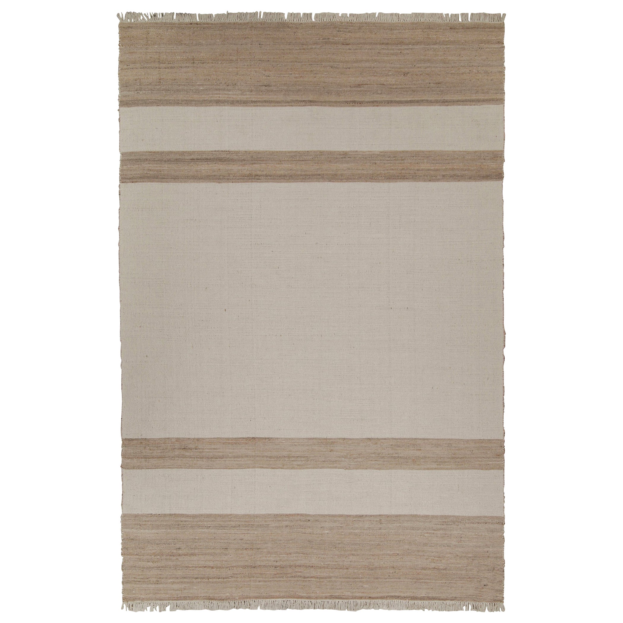 Rug & Kilim's Contemporary Jute Kilim in White and Beige-Brown Stripes (Kilim de jute contemporain à rayures blanches et beige-brun)