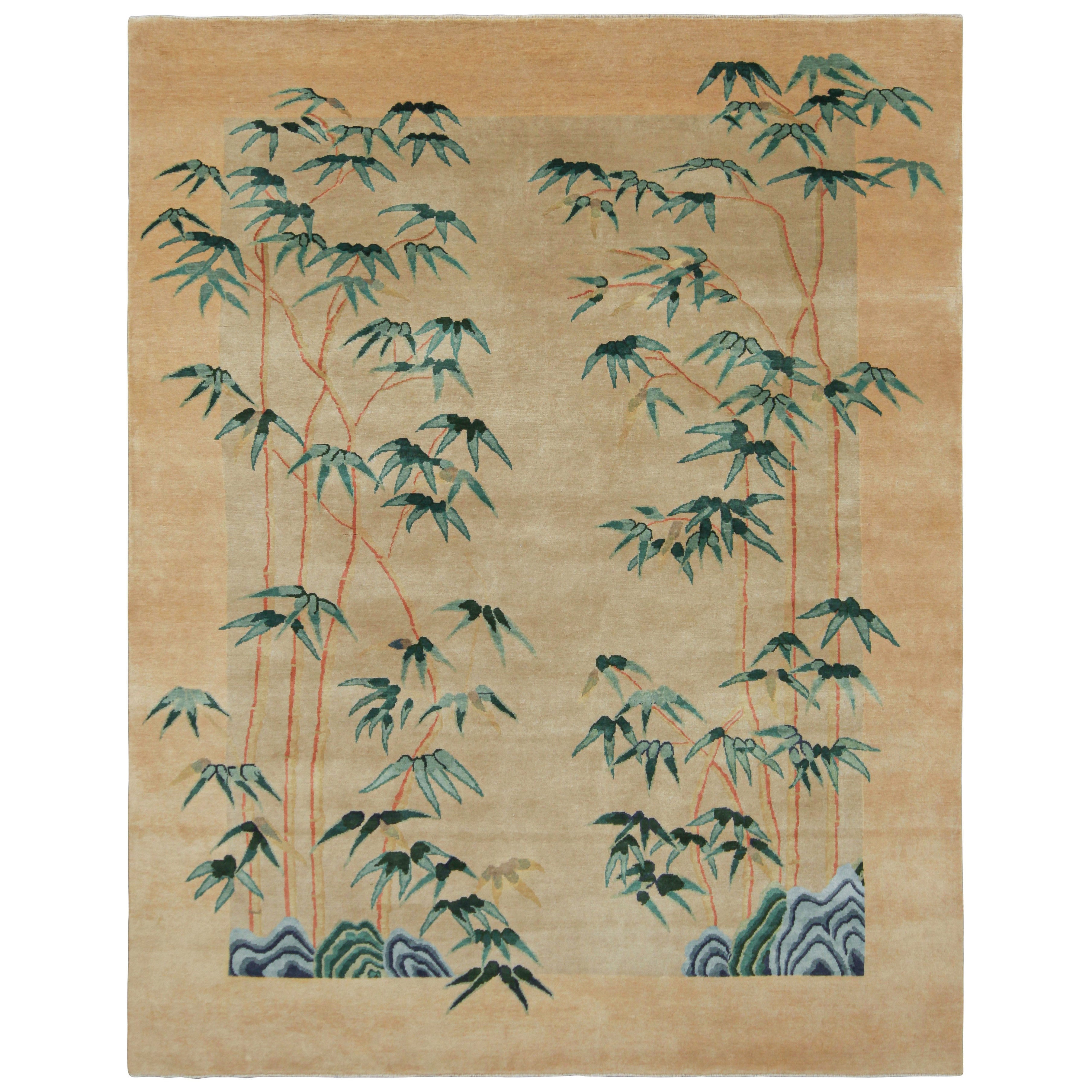 Rug & Kilim’s Chinese Art Deco Style Rug in Gold with Bamboo Floral Patterns