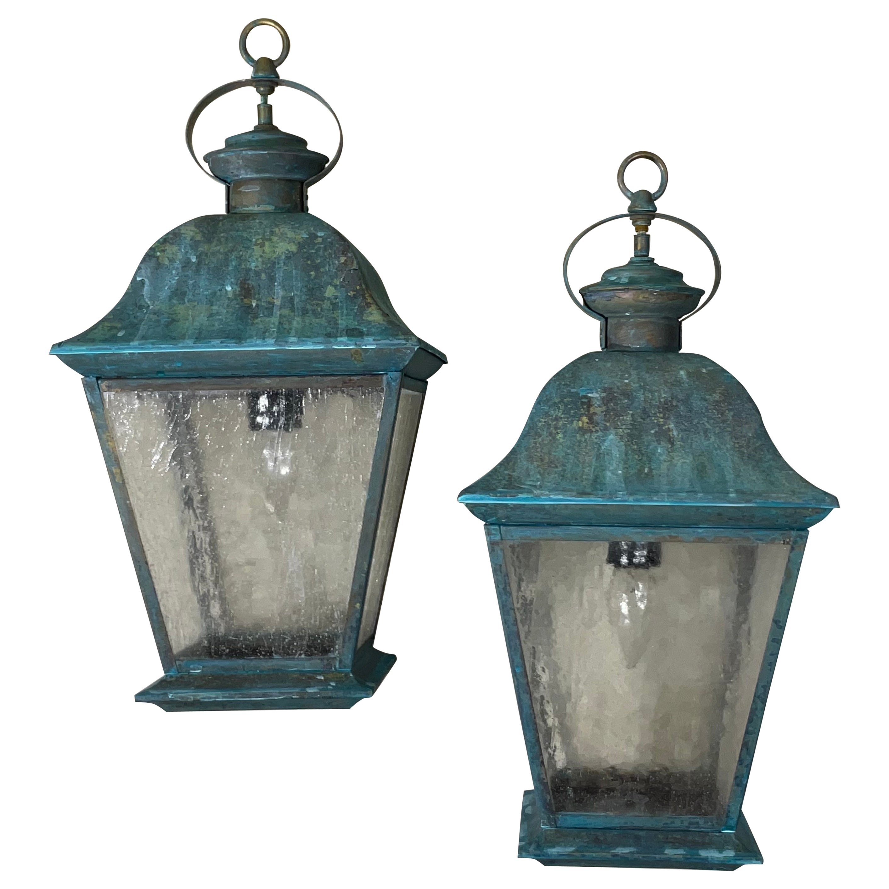 Pair Of Solid Brass Vintage Ceiling Lantern  19” x 9”.5 x 9”.5