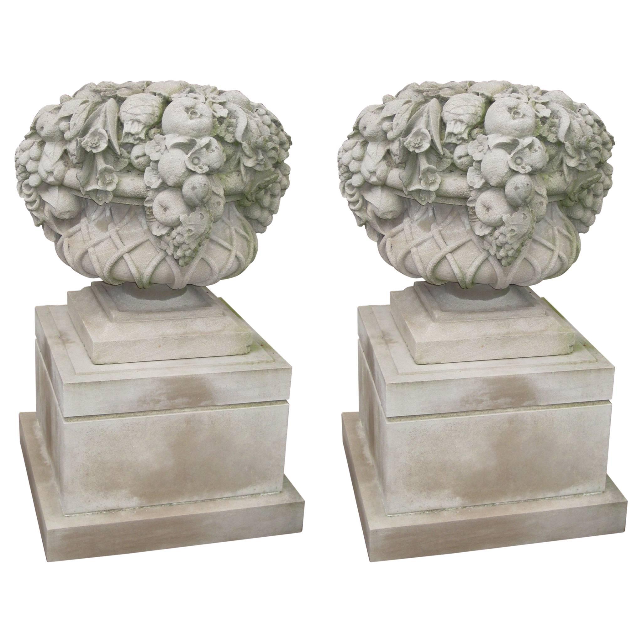 Pair of Monumental Carved Stone Garden Fruit Basket from Famed Vouziers Mansion For Sale