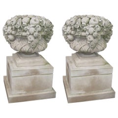 Pair of Monumental Carved Stone Garden Fruit Basket from Famed Vouziers Mansion