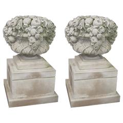 Pair of Monumental Carved Stone Garden Fruit Basket from Famed Vouziers Mansion 1