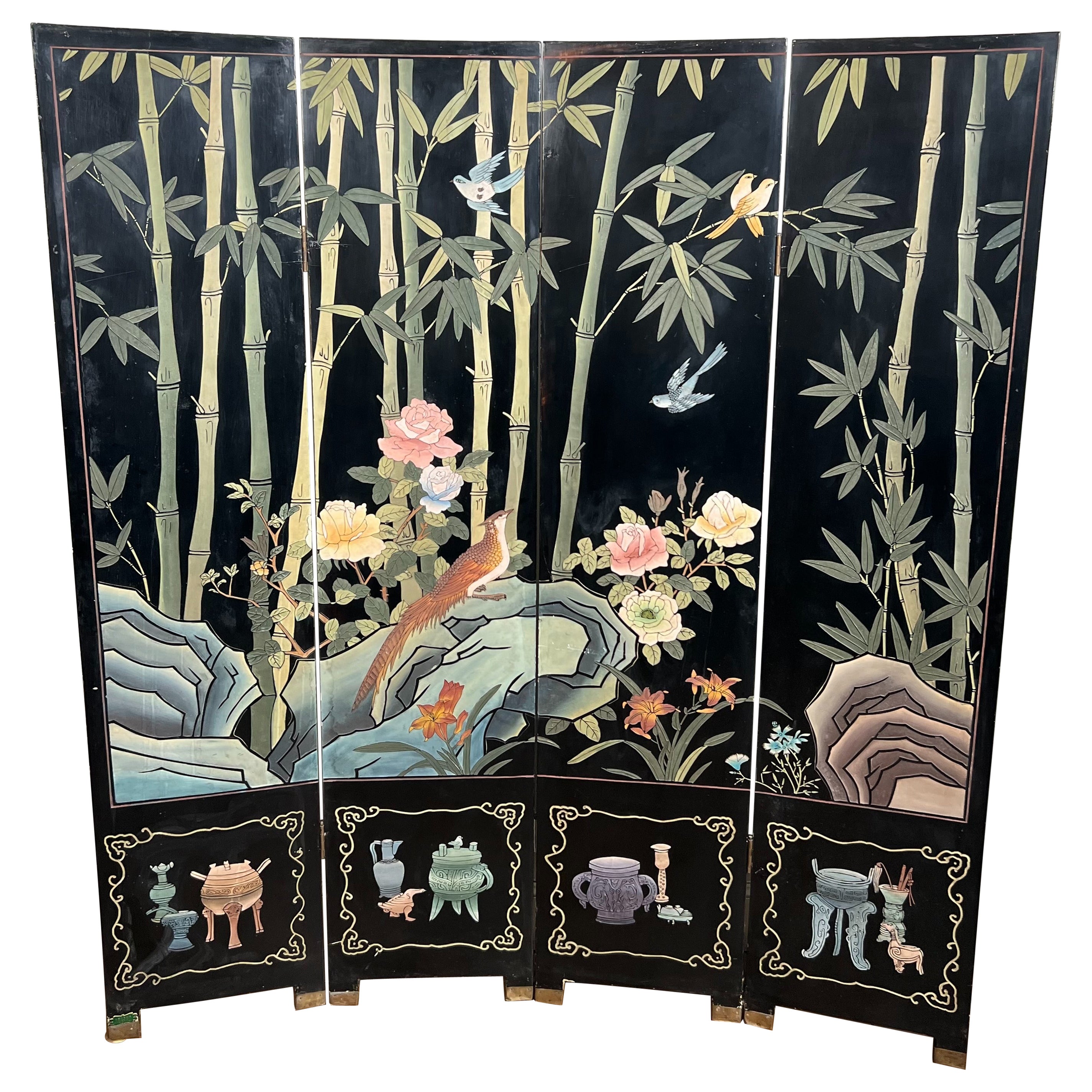 Chinese lacquer screen with bird and bamboo decorations. Chinese work.