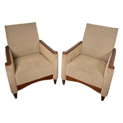 Pair of Armchairs in Gouged Wood and Mottled Fabric