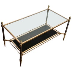 Brass Coffee Table with Black Leather and Glass Shelves by Maison Jansen