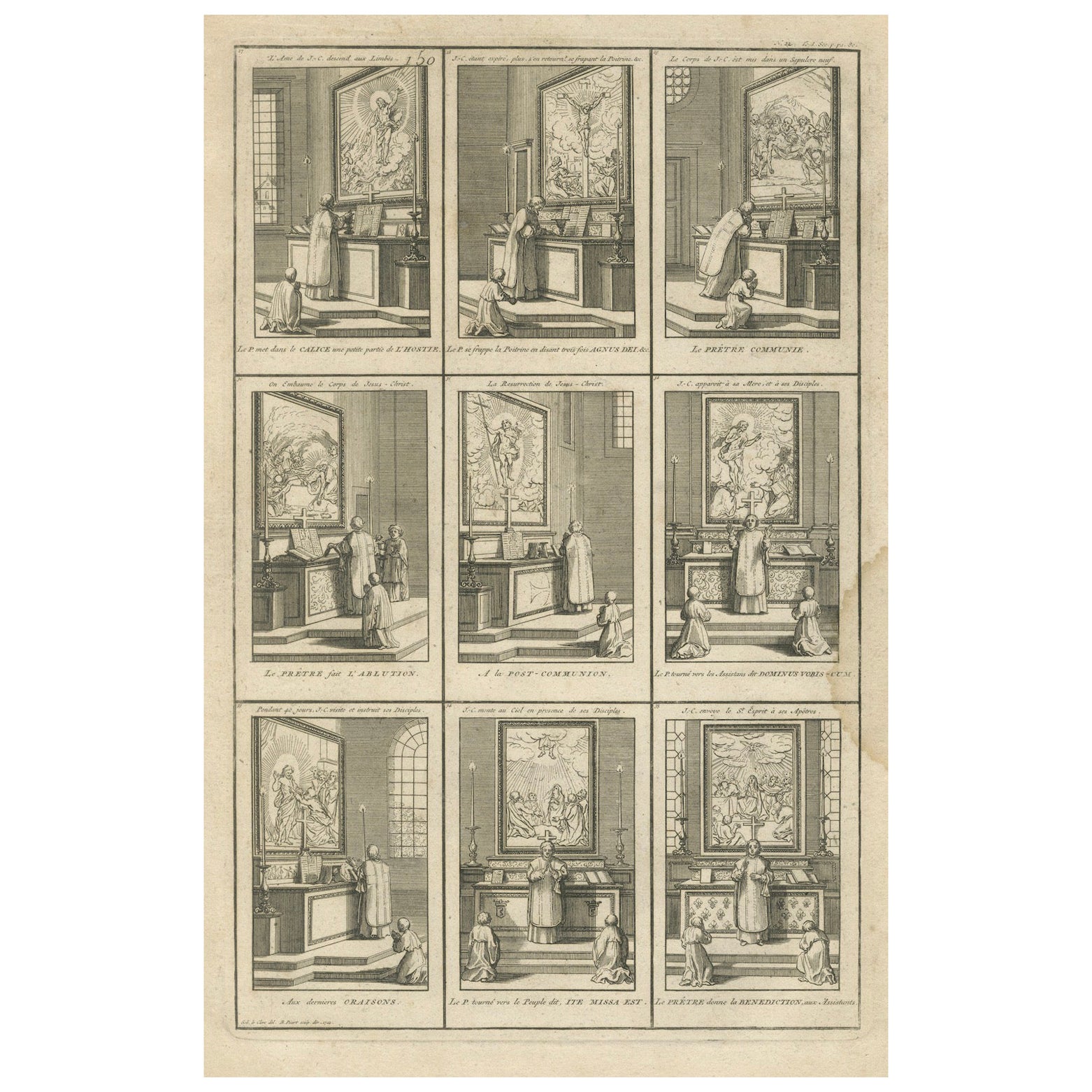 Escenas de misas católicas en doce tiempos - Raro grabado religioso de 1734