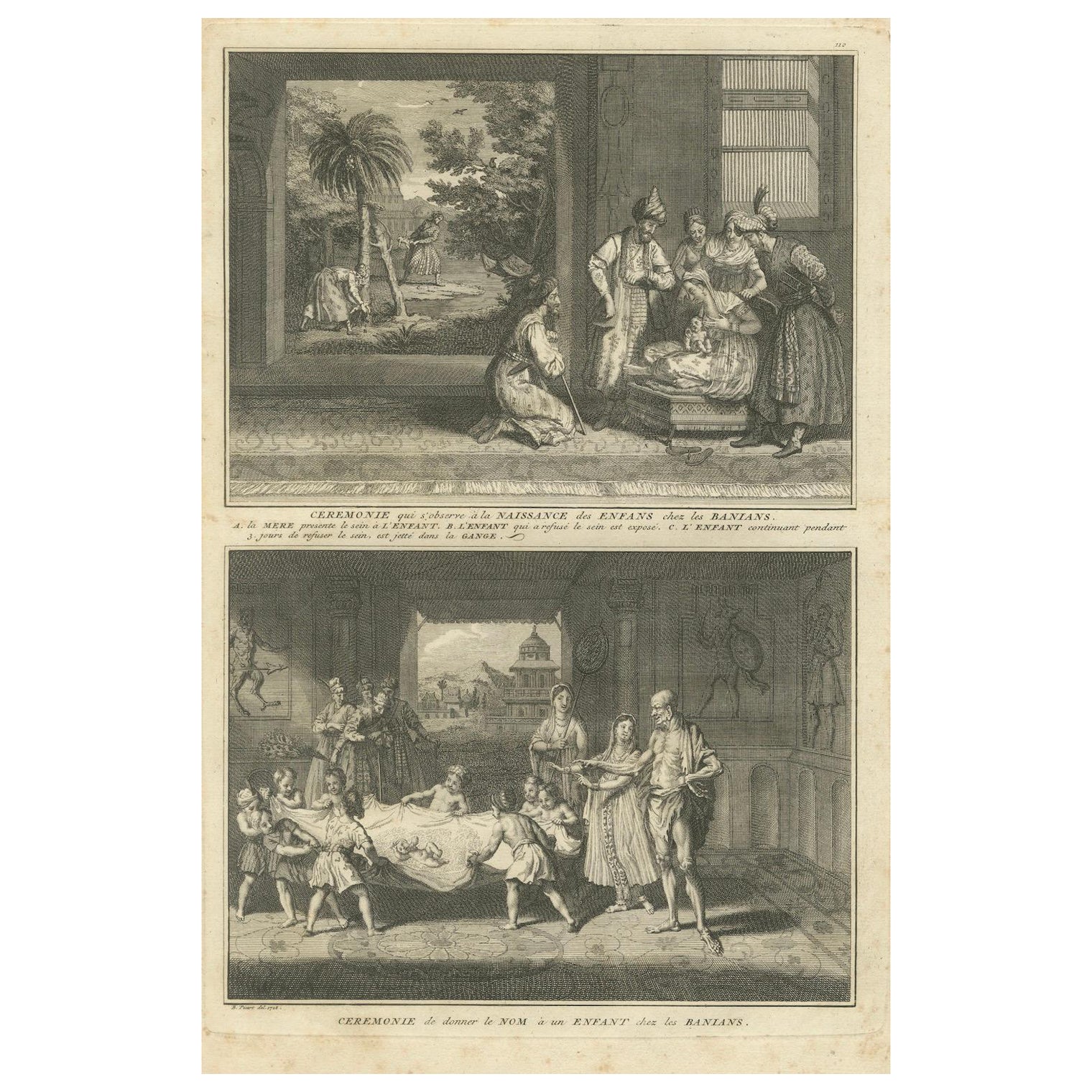 Rituali di nascita e di denominazione dei Baniani - Rara incisione indiana del 1734