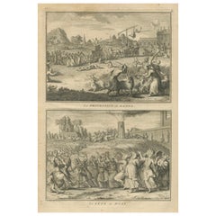 Procesión del Ganges y Festival de Huly - Grabado antiguo de la India del siglo XVIII