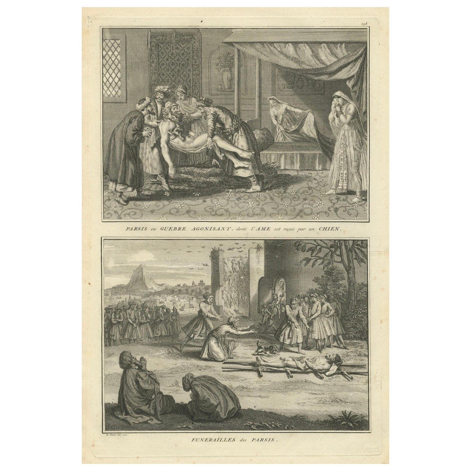 Tod und Bestattungsriten der Parsen - Seltener zoroastrischer Ritualstich von 1734 im Angebot
