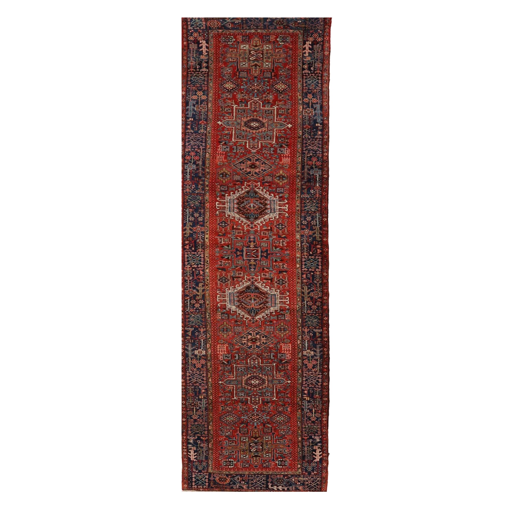 Tapis de course persan Heriz Circa 1910 - Laine Bleu Ivoire Bleu marine Rouge - 99586
